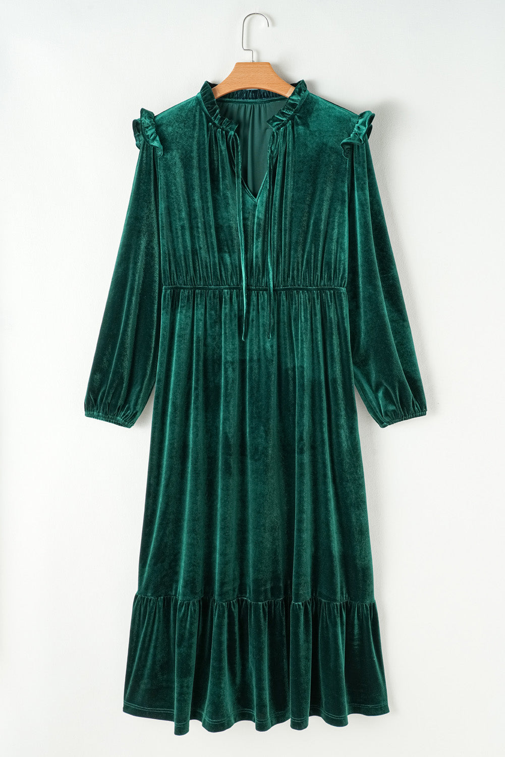 Blackish Green Velvet Frilled up Neck Ruffled High Waist Plus Size Midi Dress - Scarlett's Riverside Boutique 