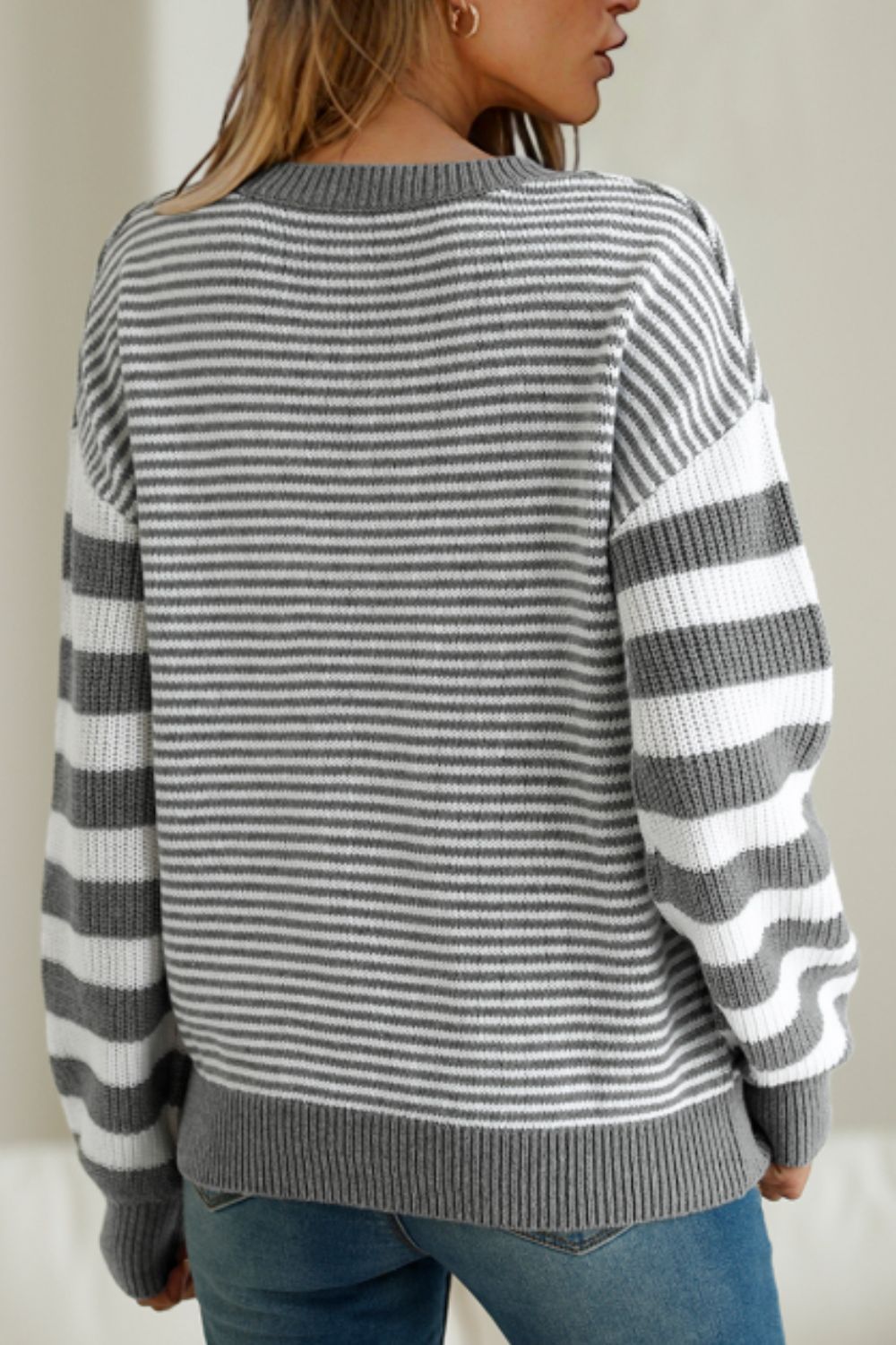 Striped Round Neck Dropped Shoulder Sweater - Scarlett's Riverside Boutique 