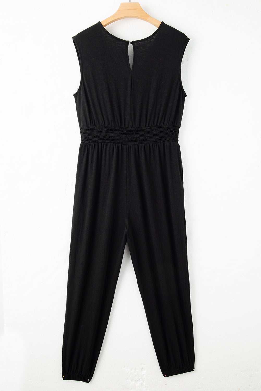 Black Plus Smocked High Waist Sleeveless V Neck Jumpsuit - Scarlett's Riverside Boutique 