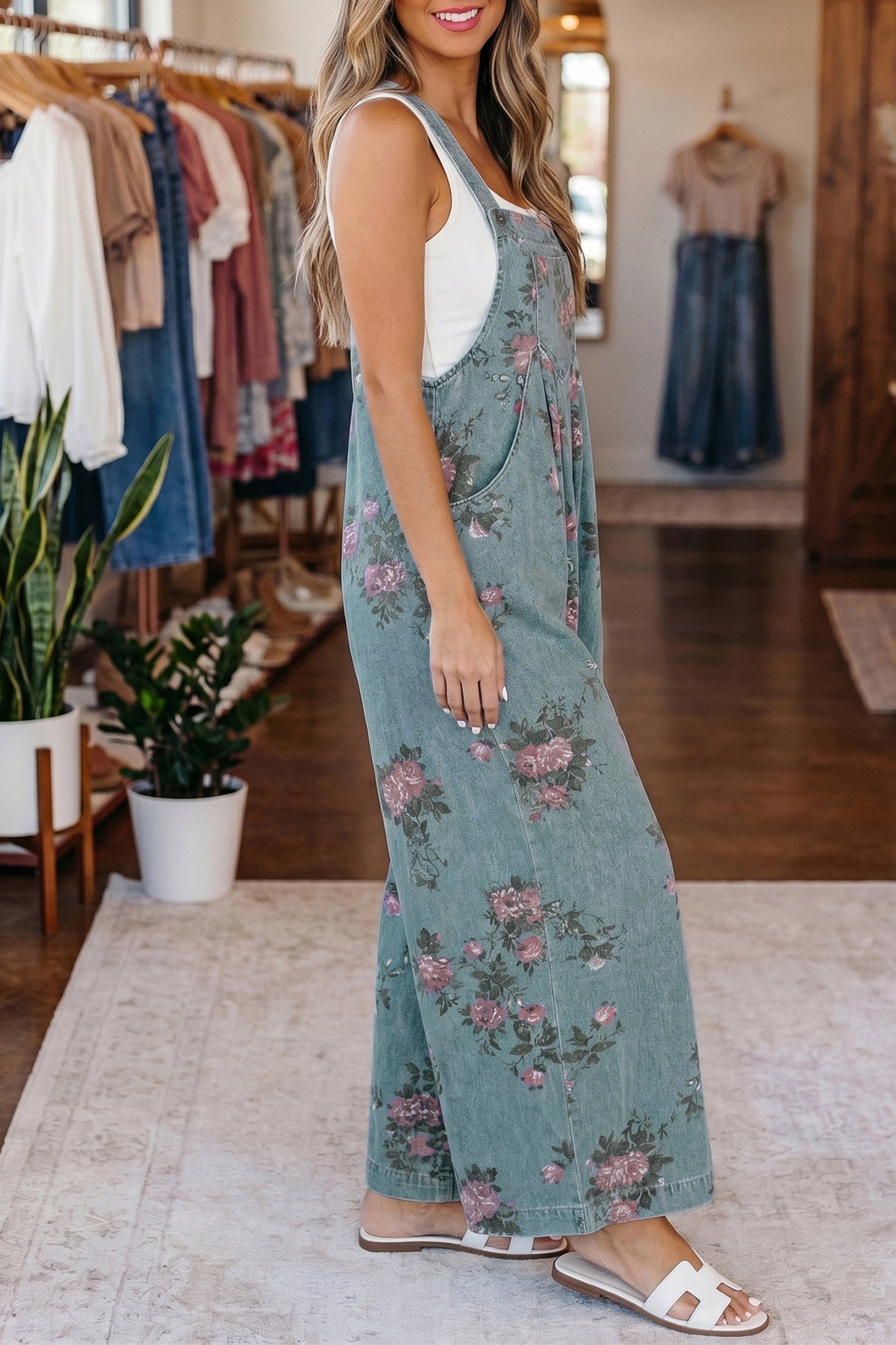 Beau Blue Floral Denim Jumpsuit Wide Leg Pleated Sleeveless Boho Overalls