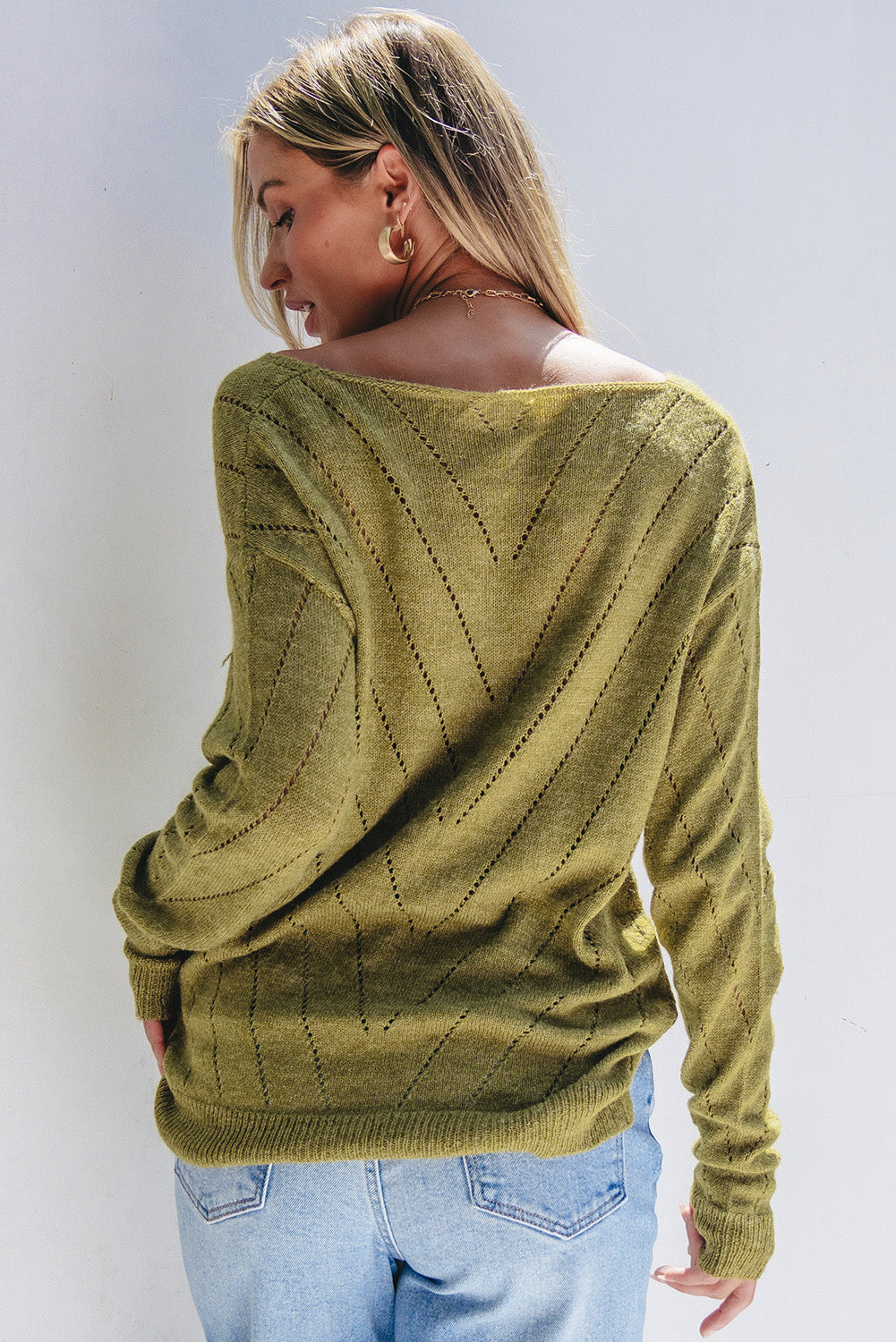 Sage Green Solid Eyelet Drop Shoulder V Neck Sweater