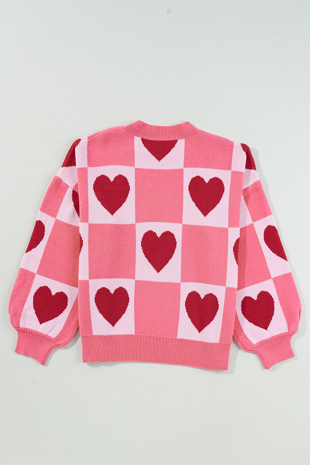 Pink Plus Size Love Heart Block Mock Neck Lantern Sleeve Valentine's Sweater