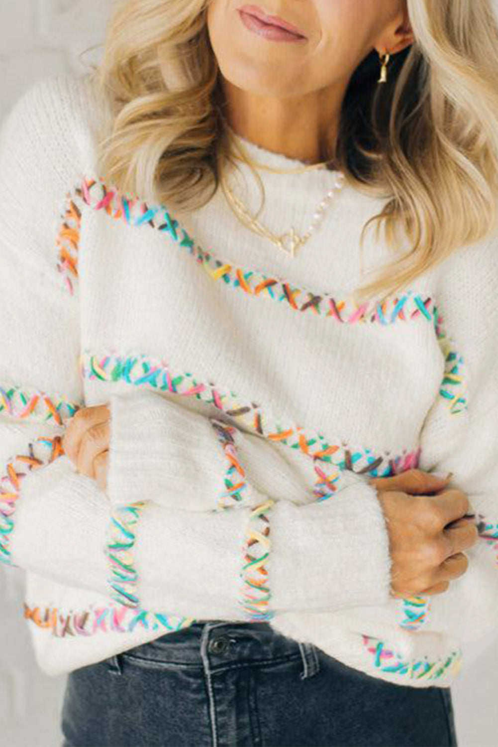 White Colorful Crossed Stitch Drop Shoulder Sweater - Scarlett's Riverside Boutique 