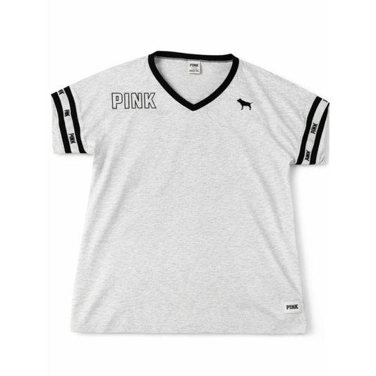 PINK Victoria’s Secret V Neck Tee Women’s Large Grey Black Logo Short Sleeve