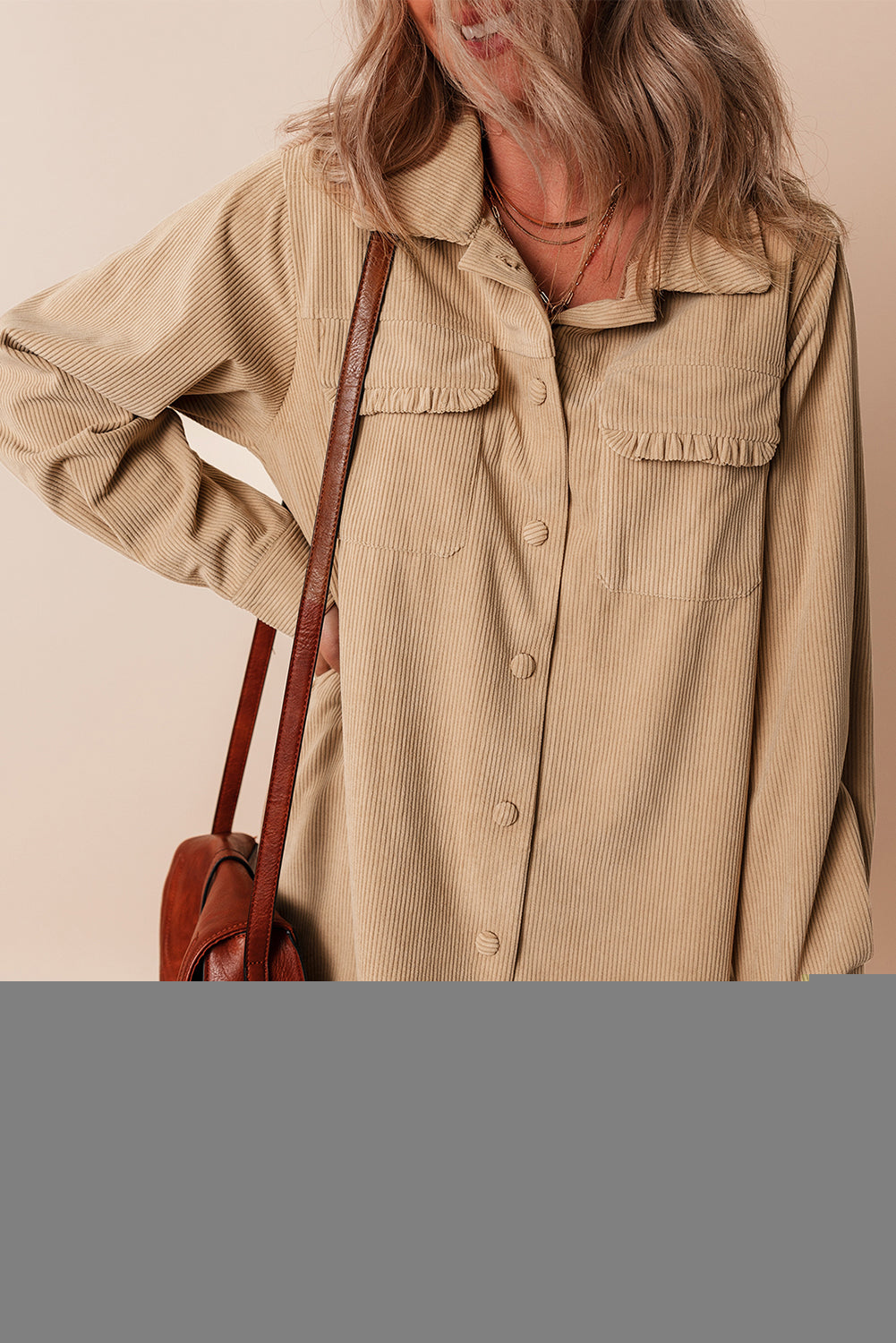 Light French Beige Solid Frilled Flap Pocket Button Up Corduroy Shacket - Scarlett's Riverside Boutique 