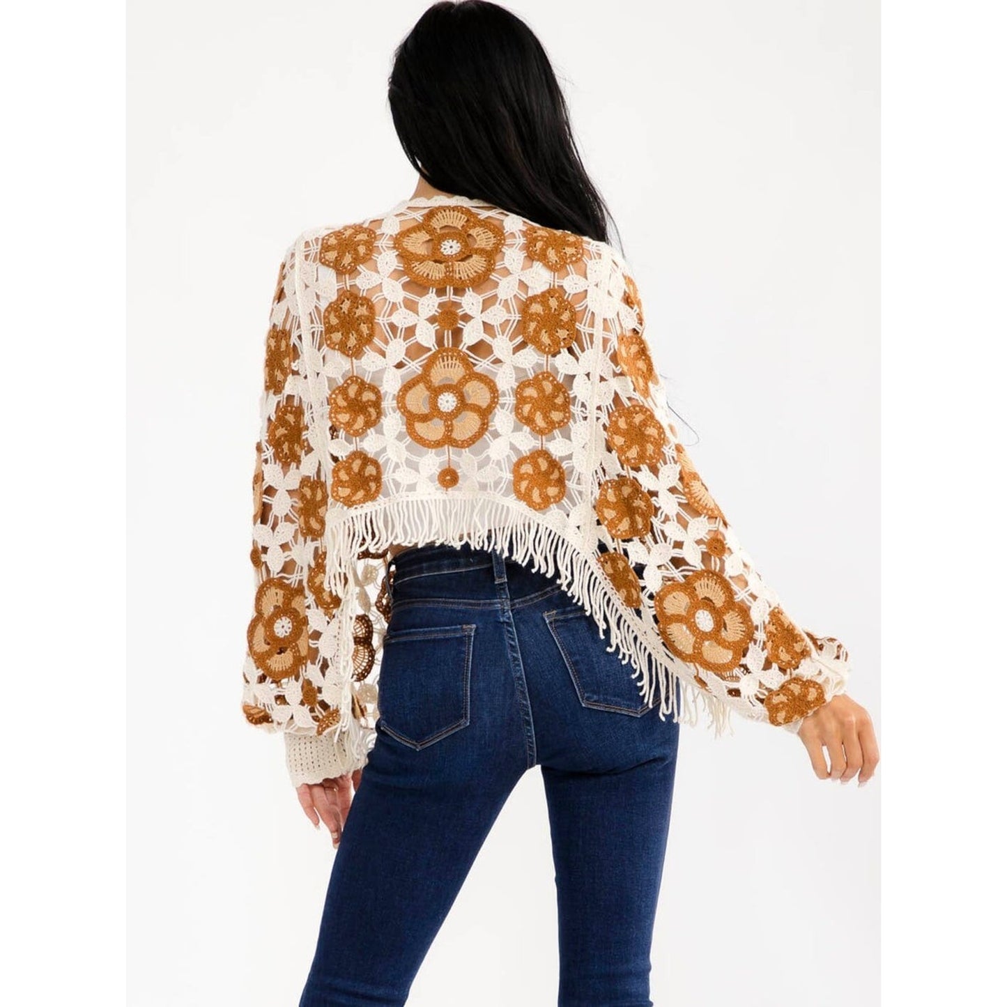 Boho Crochet Floral Fringe Crop Sweater Top Cream Brown Long Sleeve