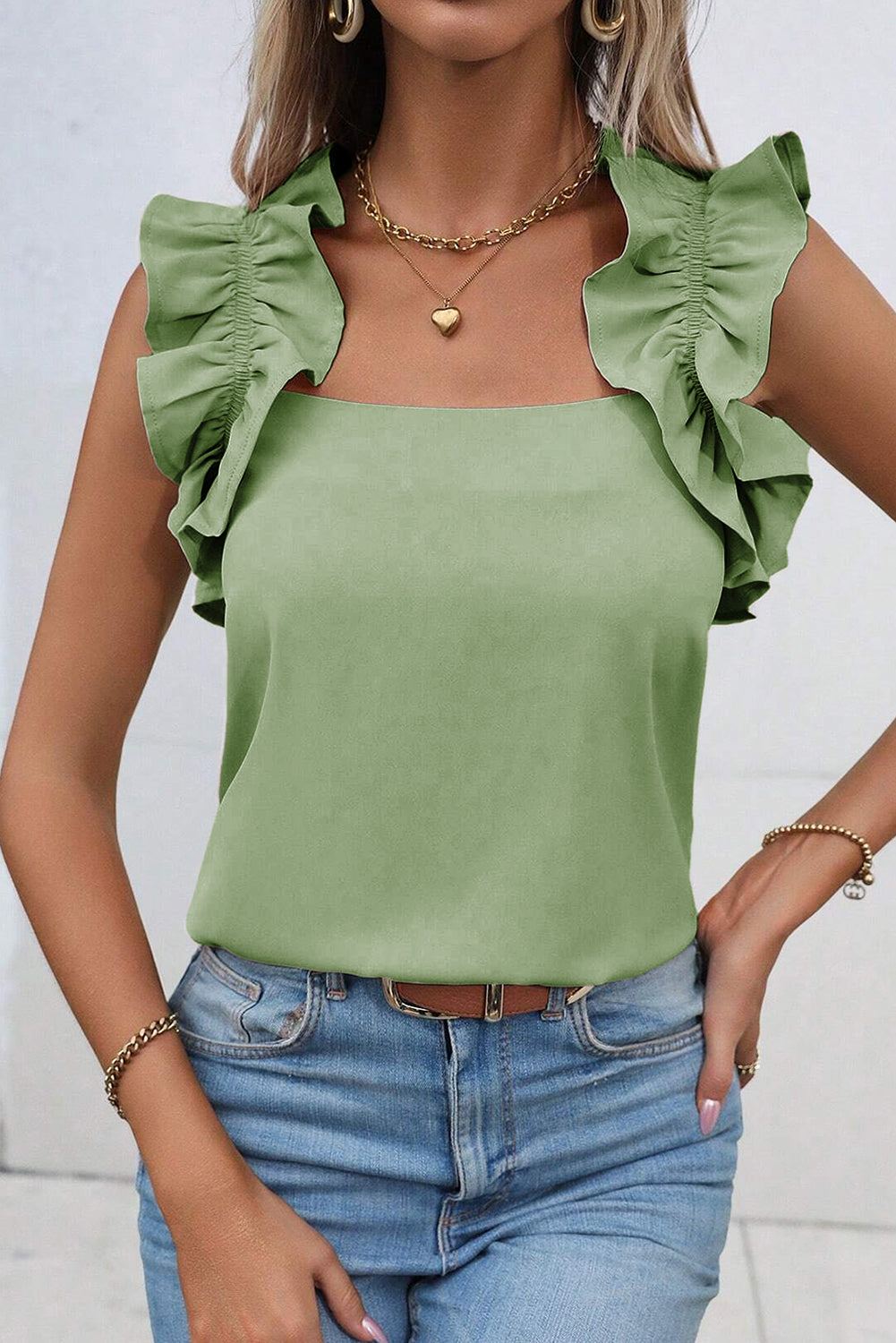 Smoke Green Solid Ruffle Trim Sleeveless Top - Scarlett's Riverside Boutique 