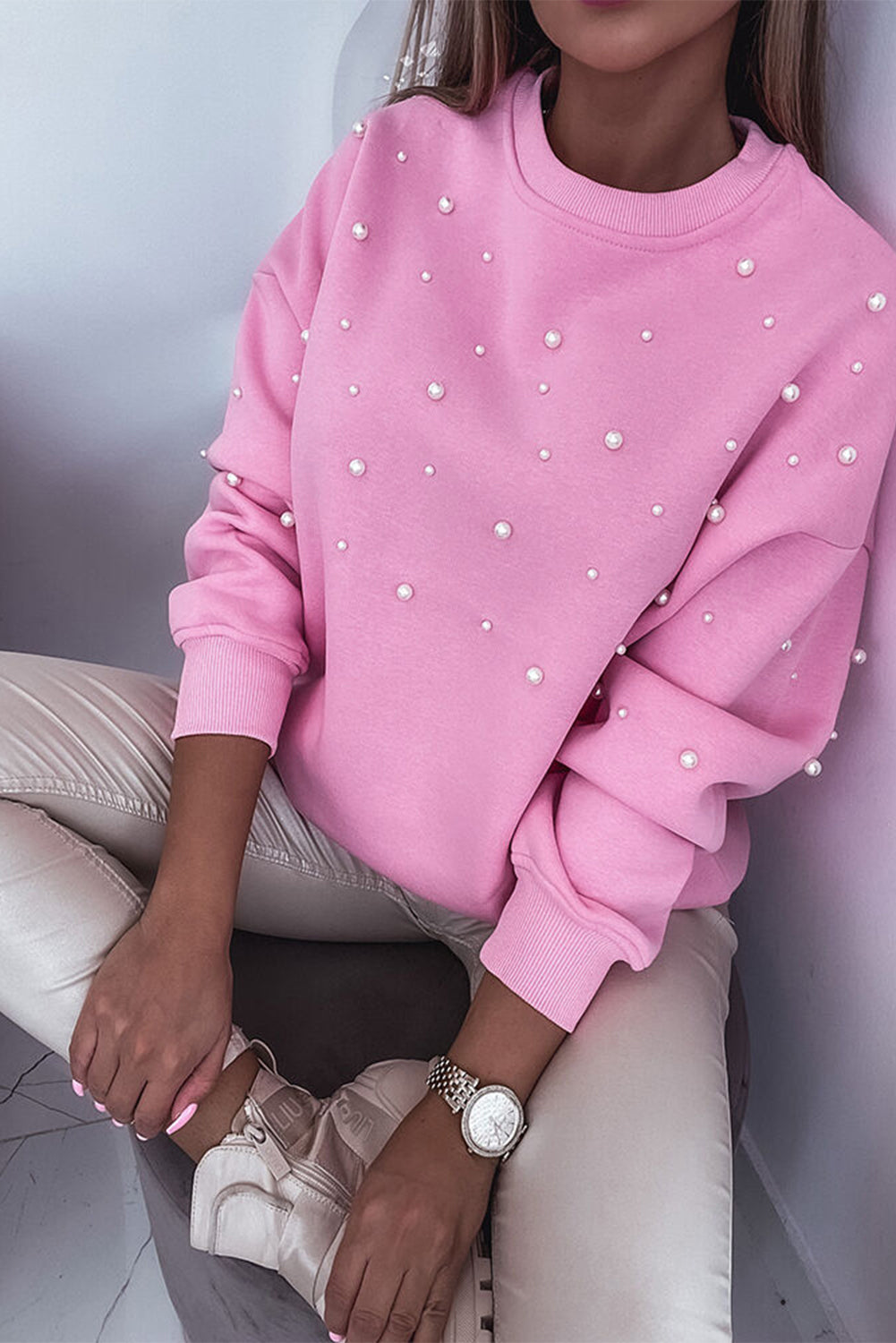 Bonbon Pearl Detail Ribbed Crew Neck Sweatshirt - Scarlett's Riverside Boutique 