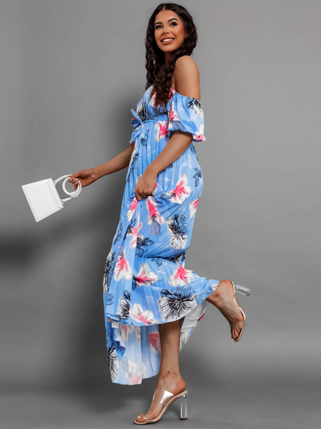 Pleated Floral Off-Shoulder Short Sleeve Midi Dress - Scarlett's Riverside Boutique 