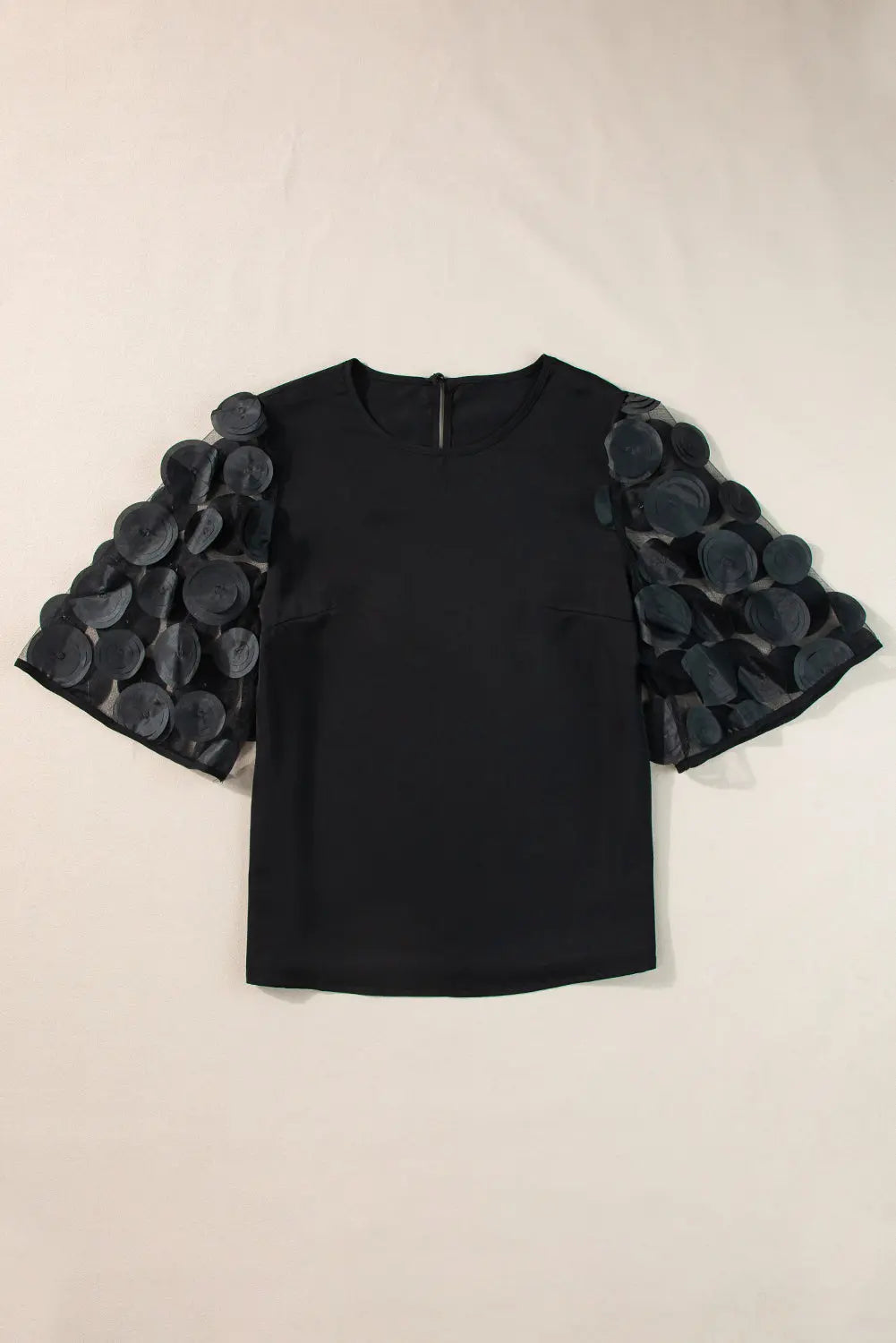 Black Contrast Applique Mesh Half Sleeve Blouse - Scarlett's Riverside Boutique 