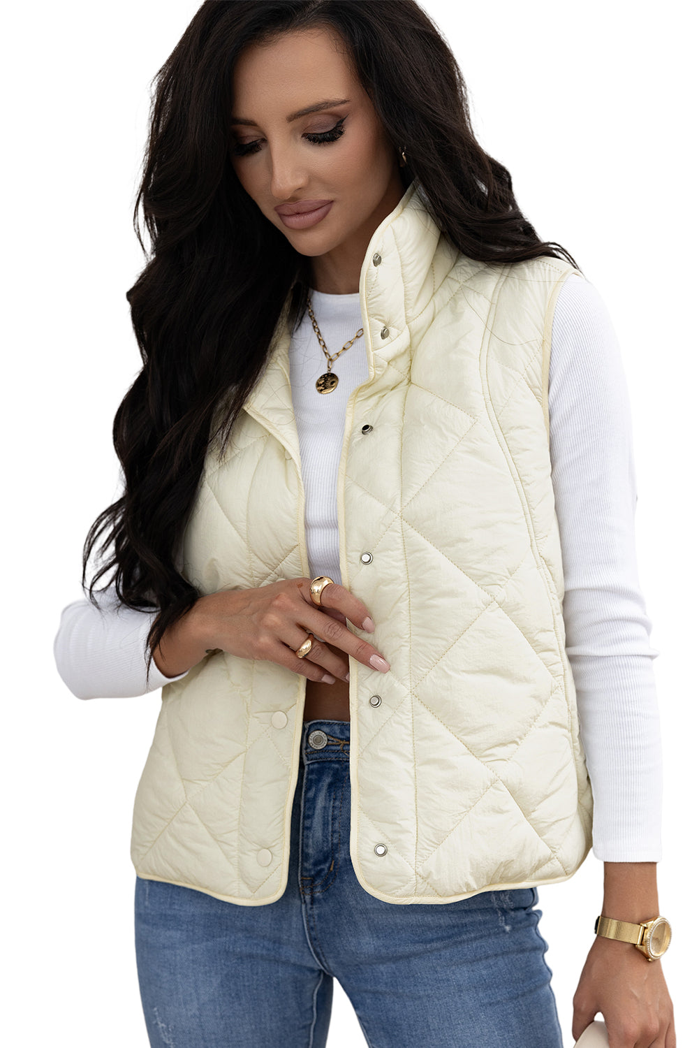 Beige Quilted High Neck Button Up Pocket Vest Coat - Scarlett's Riverside Boutique 