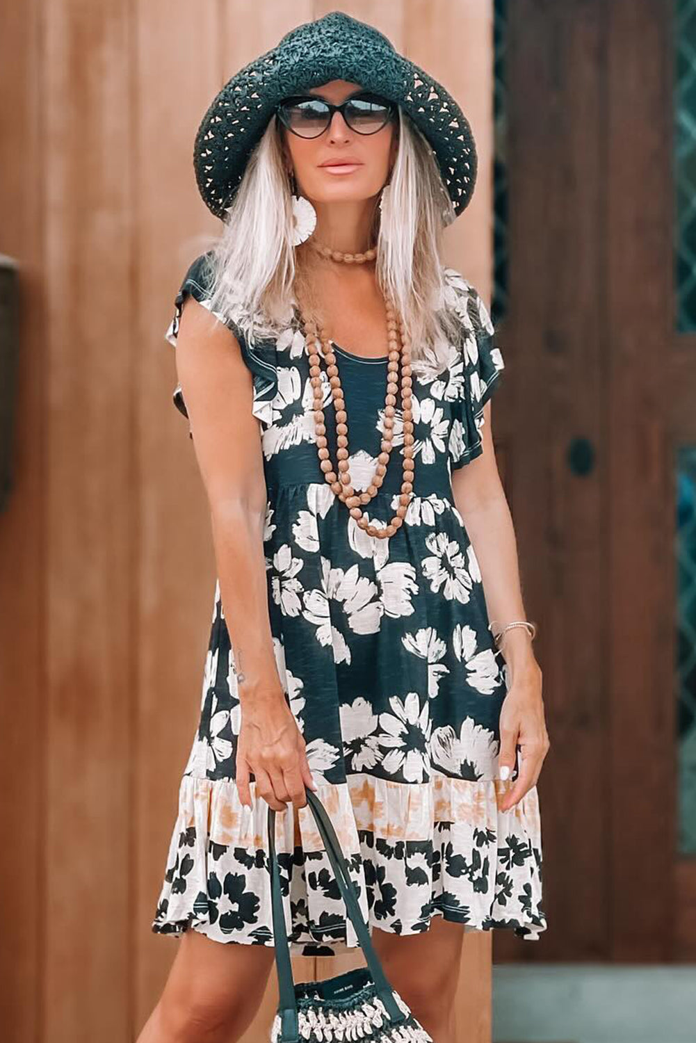 Green Floral Print Ruffle Sleeve Empire Waist Mini Dress