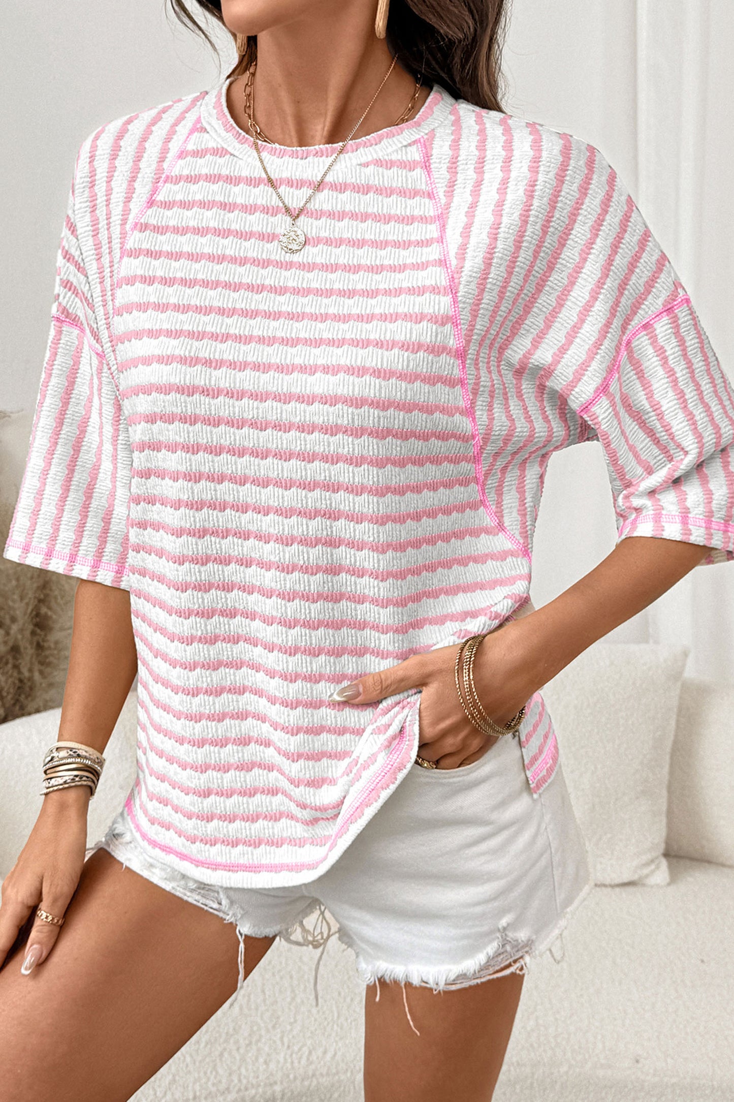 Blue Stripe Textured Knit Split Hem Half Sleeve Loose Top