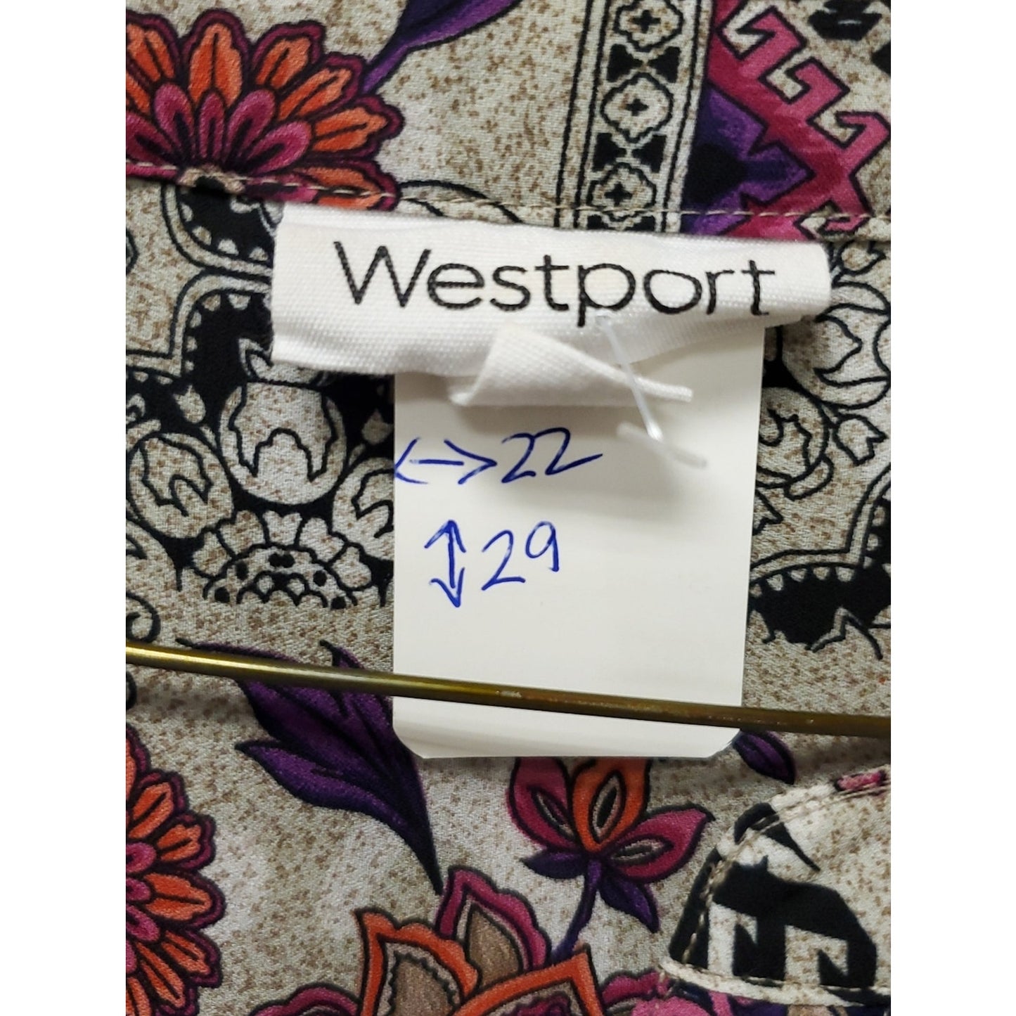 Westport Women’s Floral Boho Blouse Large White Purple Orange Patchwork Print Ba