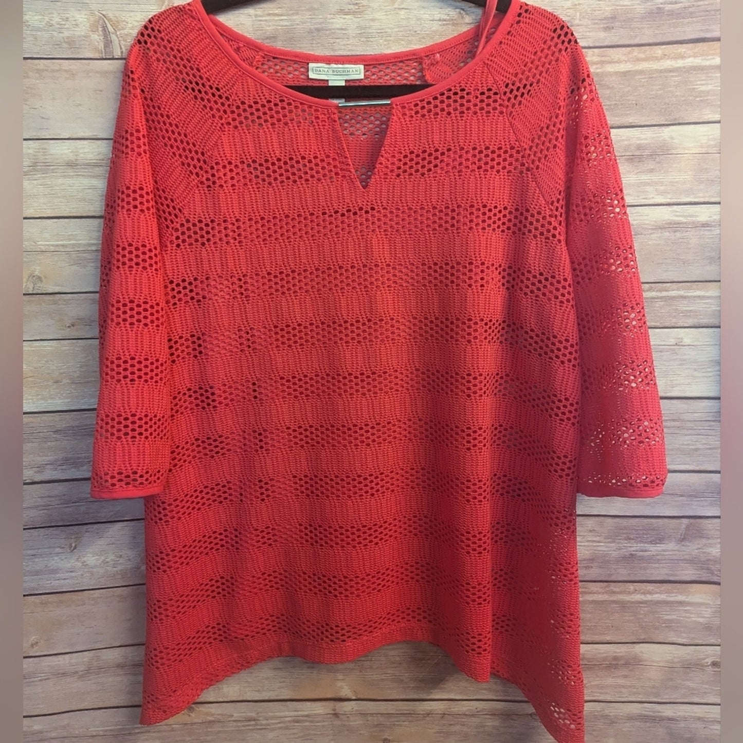 Dana Buchman Crochet Tunic Sz L, Coral 3/4 Sleeve With Cami Beach