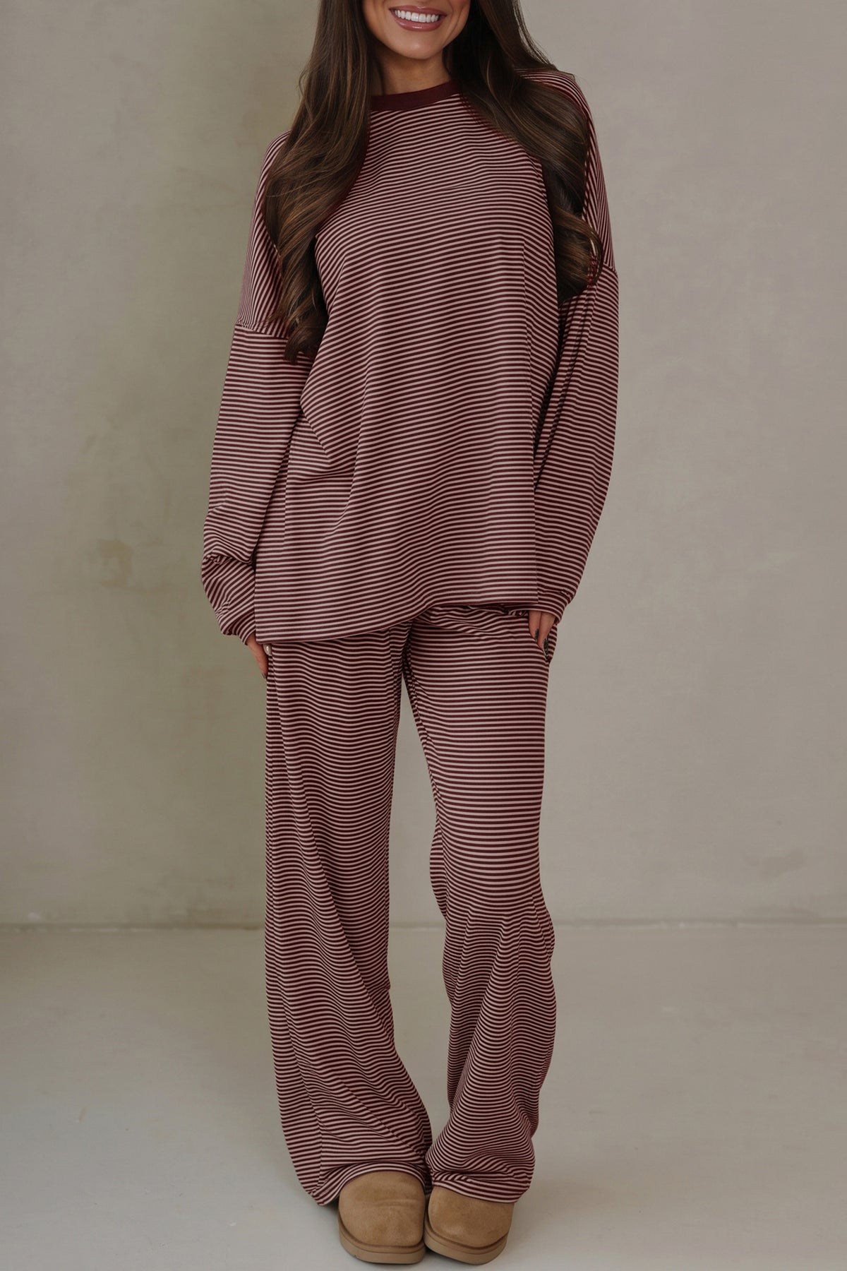 Blue Stripe Contrast Trim Round Neck Oversize Long Sleeve Top 2pcs Pant Set