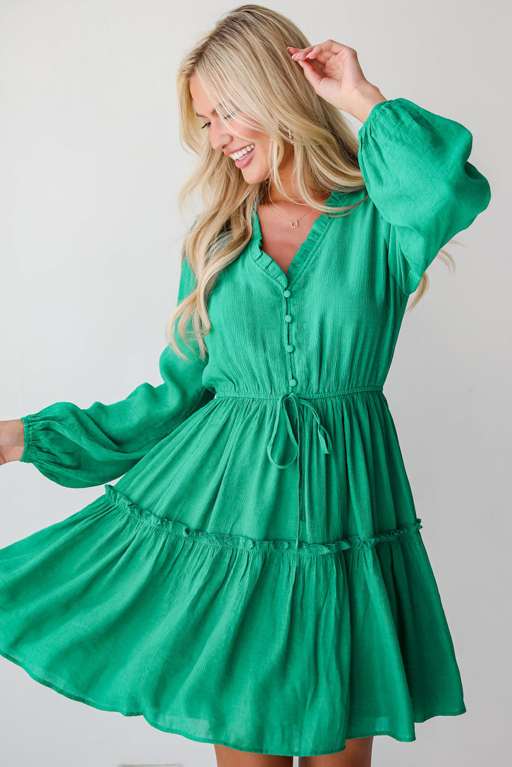 Sea Green Frilly V Neck Puff Sleeve Drawstring Shift Mini Dress - Scarlett's Riverside Boutique 