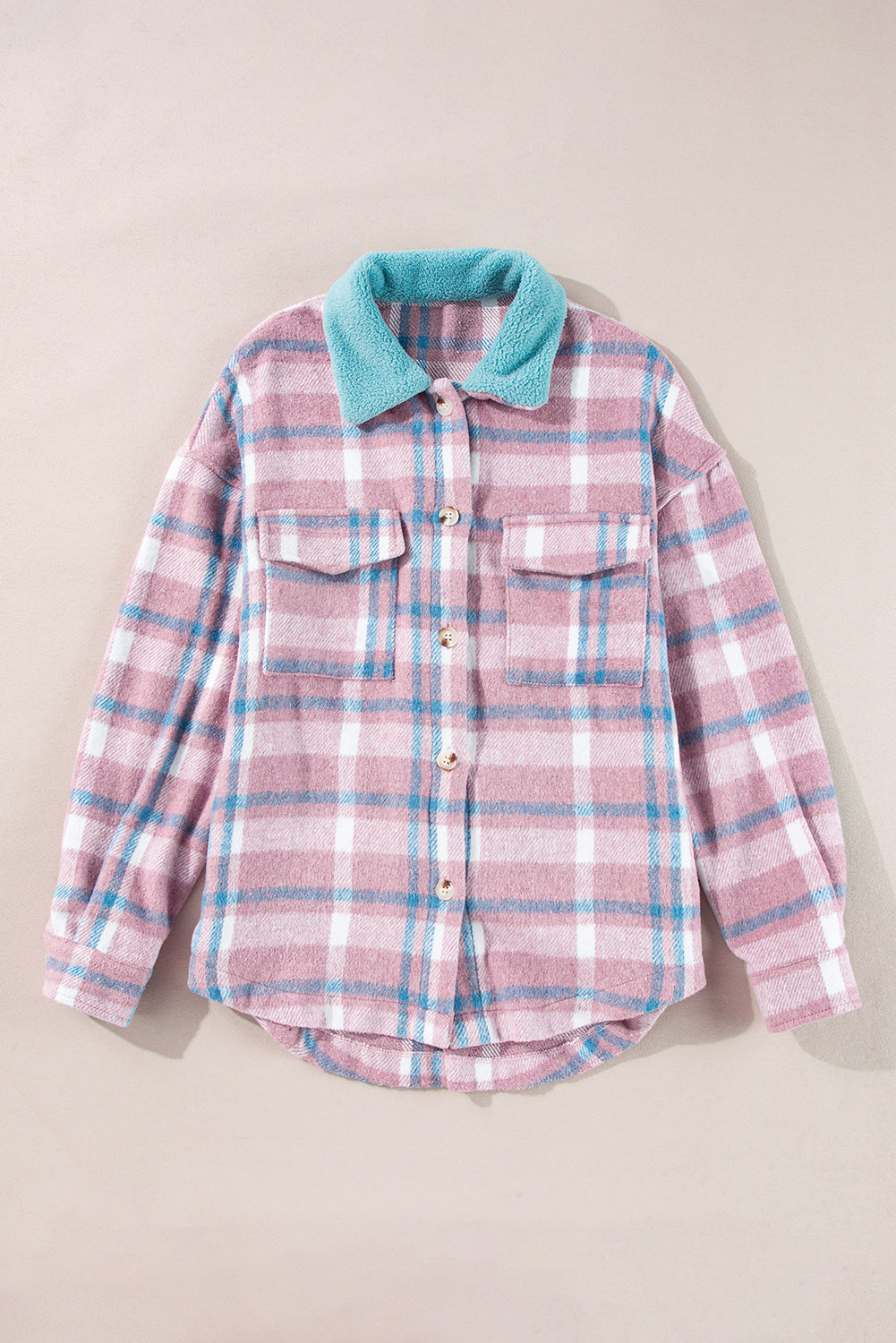 Pink Plaid Print Color Block Collared Flap Pockets Loose Shacket