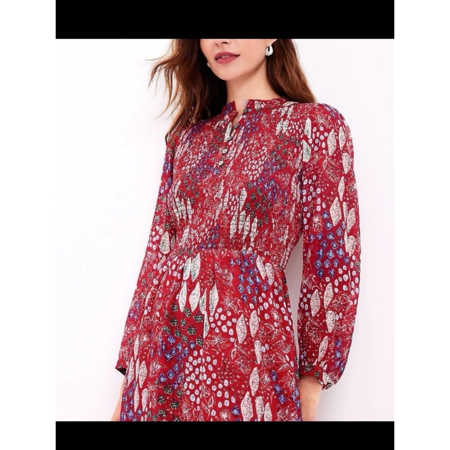 LOFT Red Floral Print Long Sheer-Sleeve Maxi Dress Sz 8