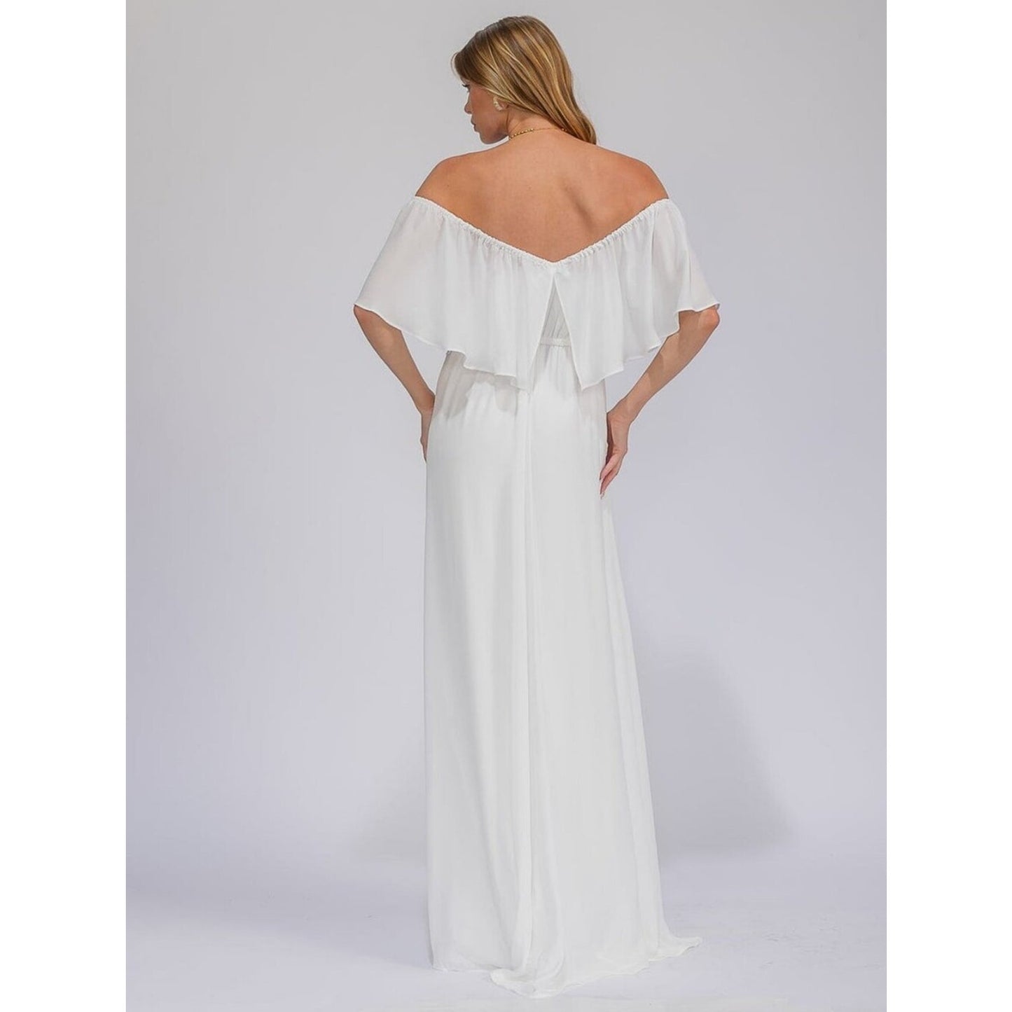 White Boho Off Shoulder Maxi Dress Flowy Ruffle Beach Wedding Bridal Dress
