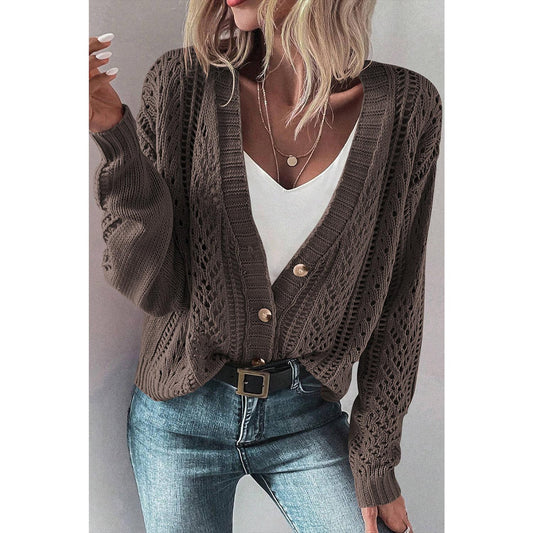 Dark Khaki Open Knit Drop Shoulder Sweater Cardigan