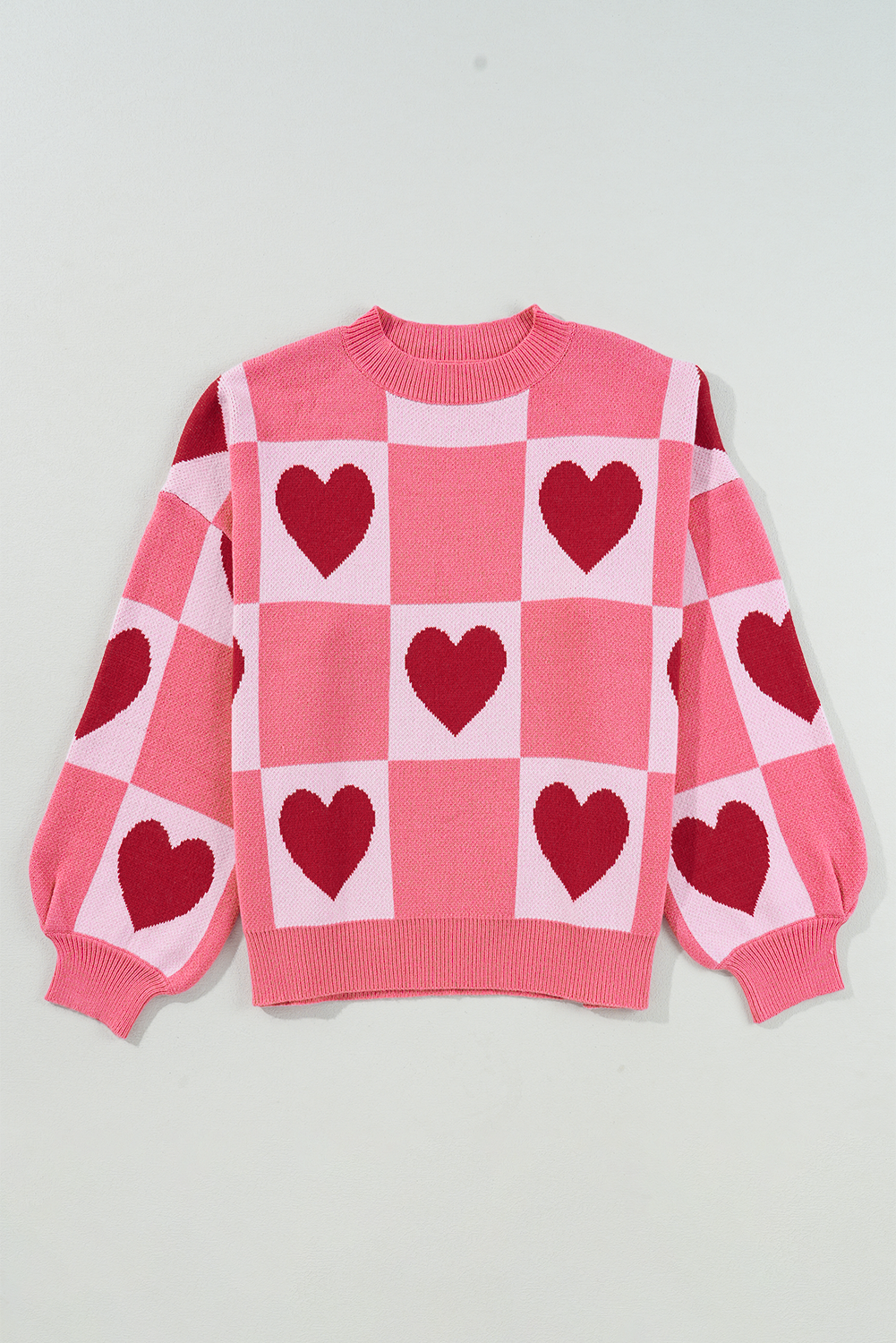 Pink Plus Size Love Heart Block Mock Neck Lantern Sleeve Valentine's Sweater