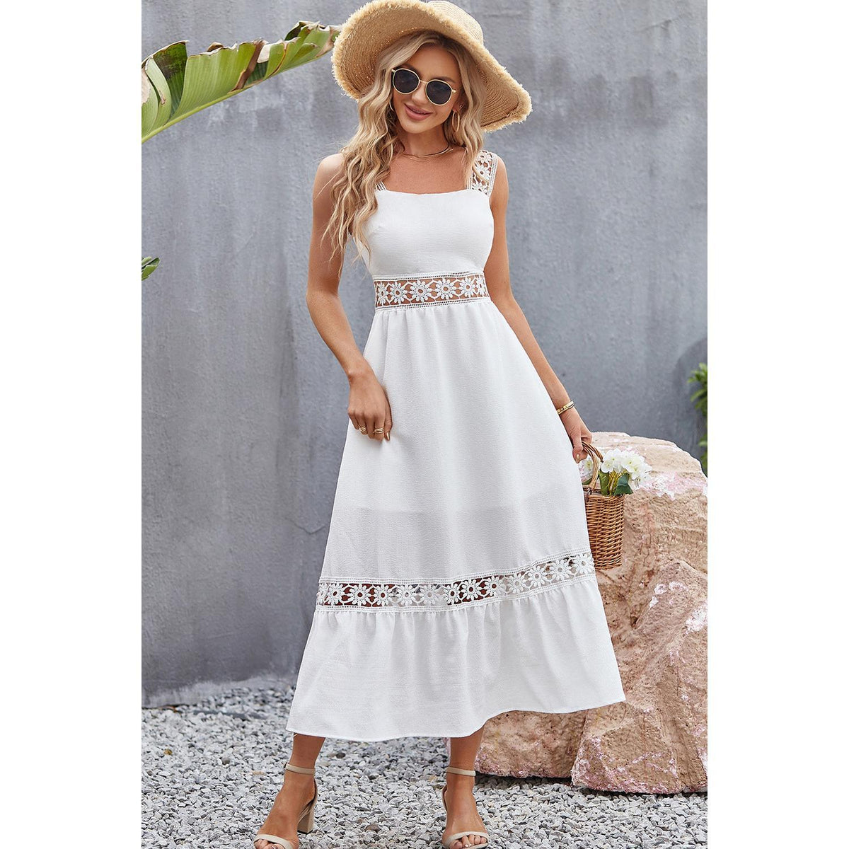 Spliced Lace Square Neck Sleeveless Midi Dress Casual Polyester Womenswear Stretchy