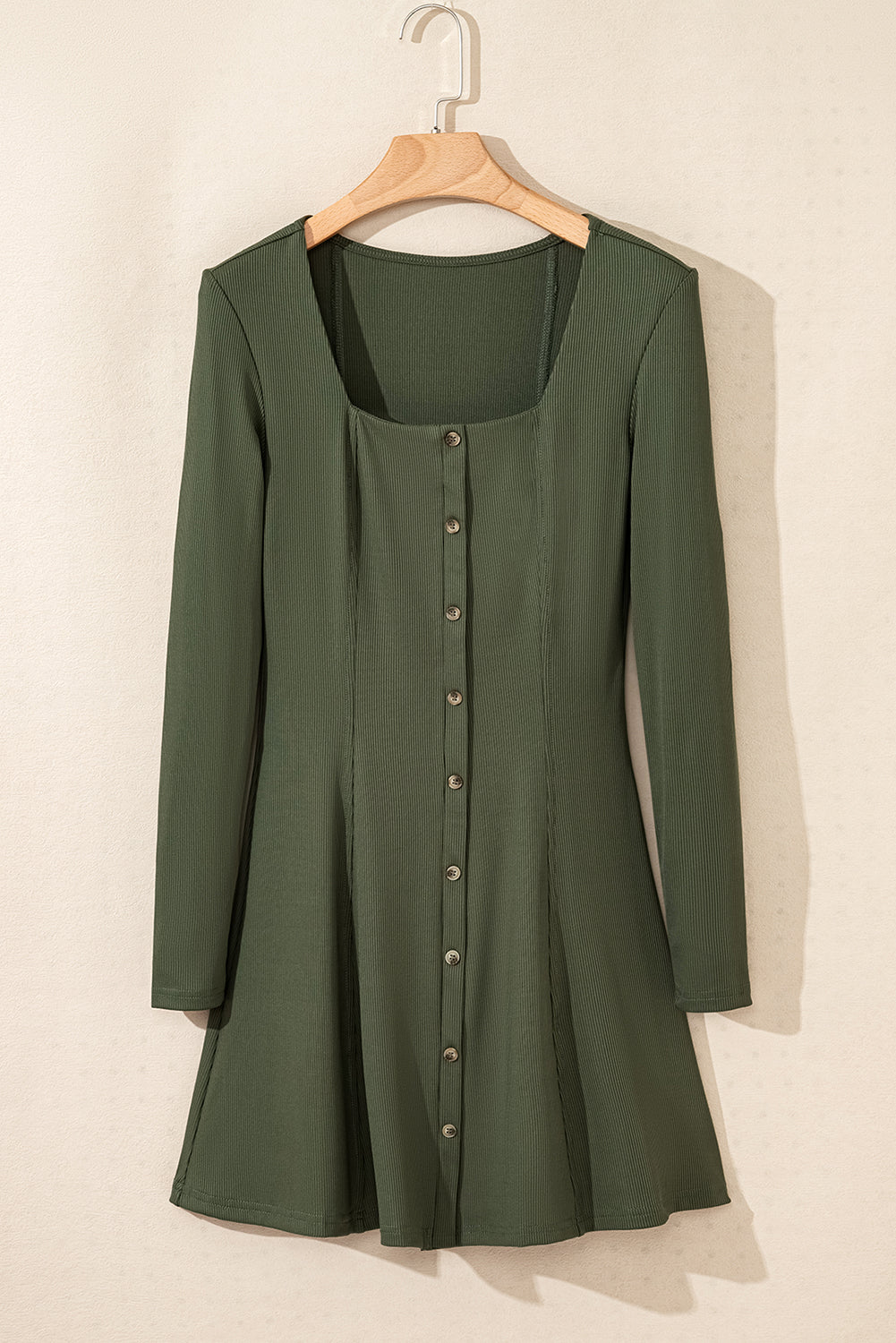 Green Rib Knit Square Neck Buttoned Long Sleeve Mini Dress