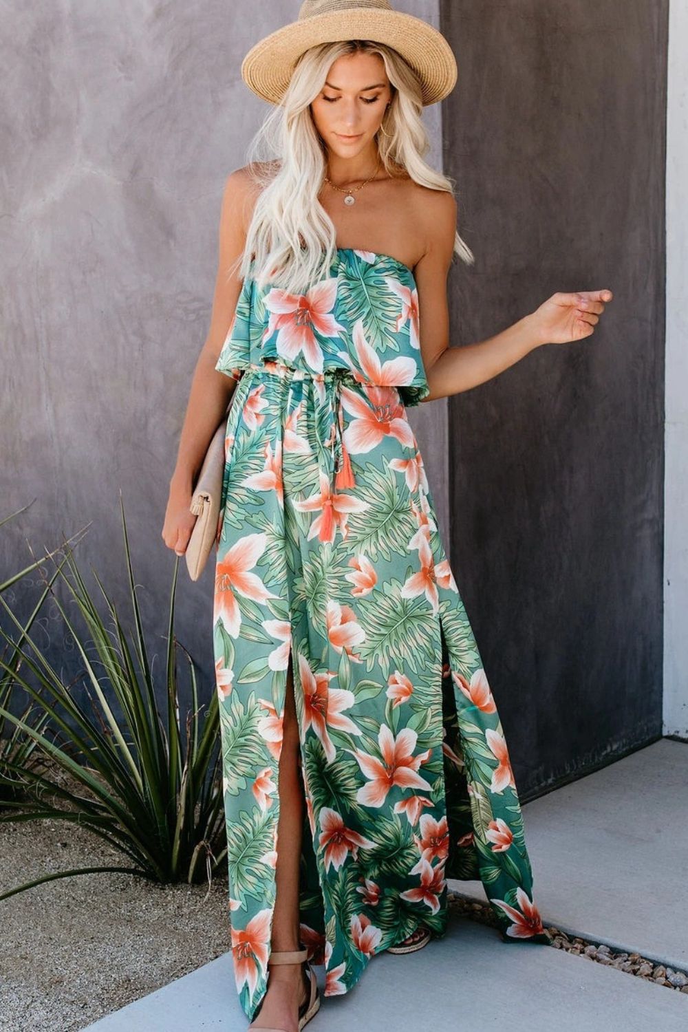 Slit Tropical Sleeveless Tube Dress - Scarlett's Riverside Boutique 