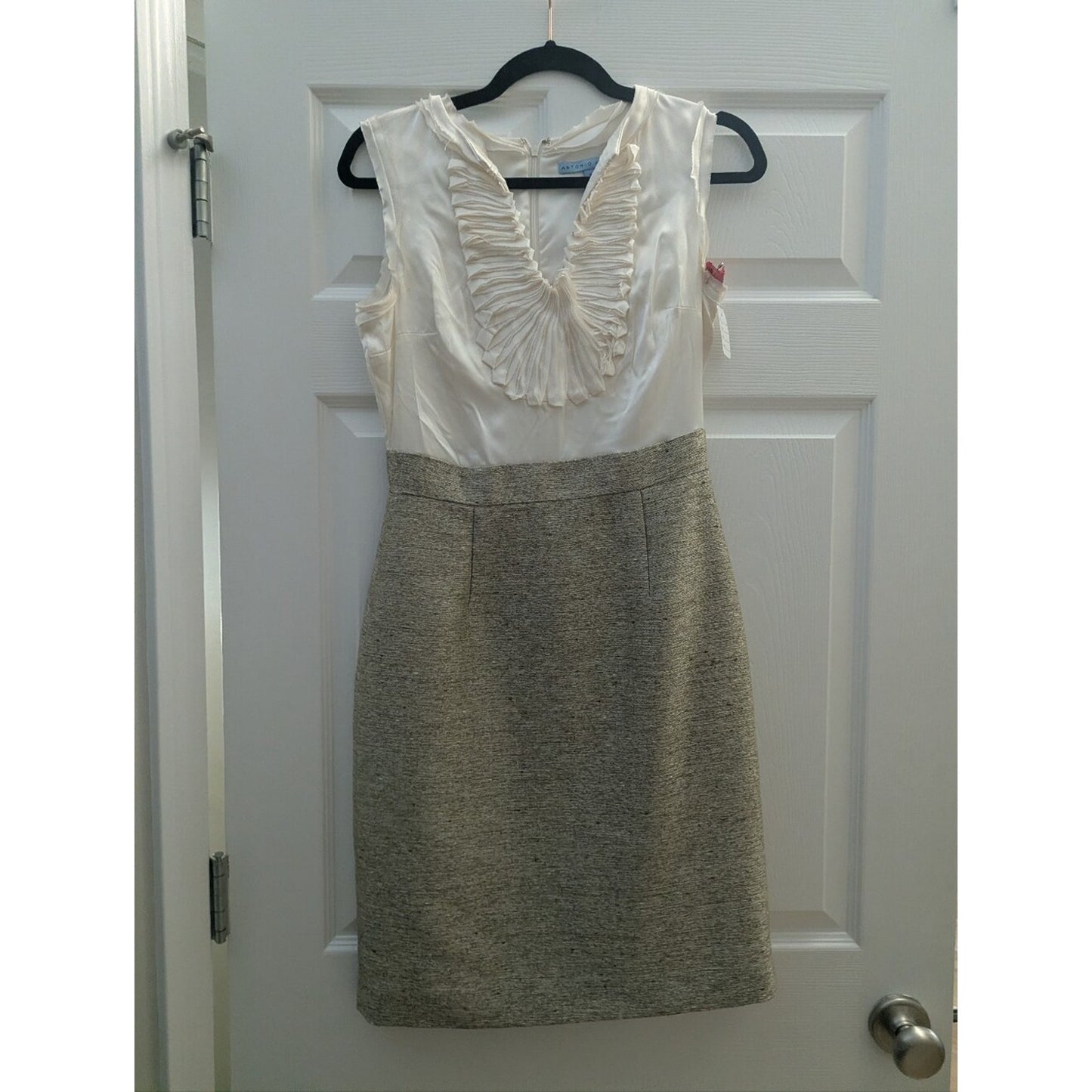 Antonio Melani Womens 2 Ivory Ruffle Tweed Pencil Dress Silk Detail Career Cockt