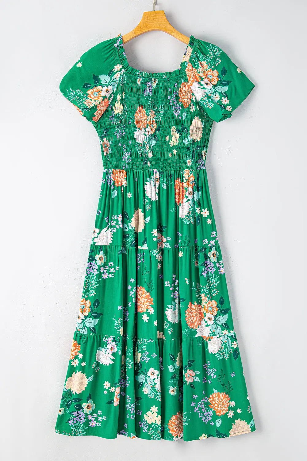 Green Floral Print Bubble Sleeve Smocked Tiered Midi Dress - Scarlett's Riverside Boutique 