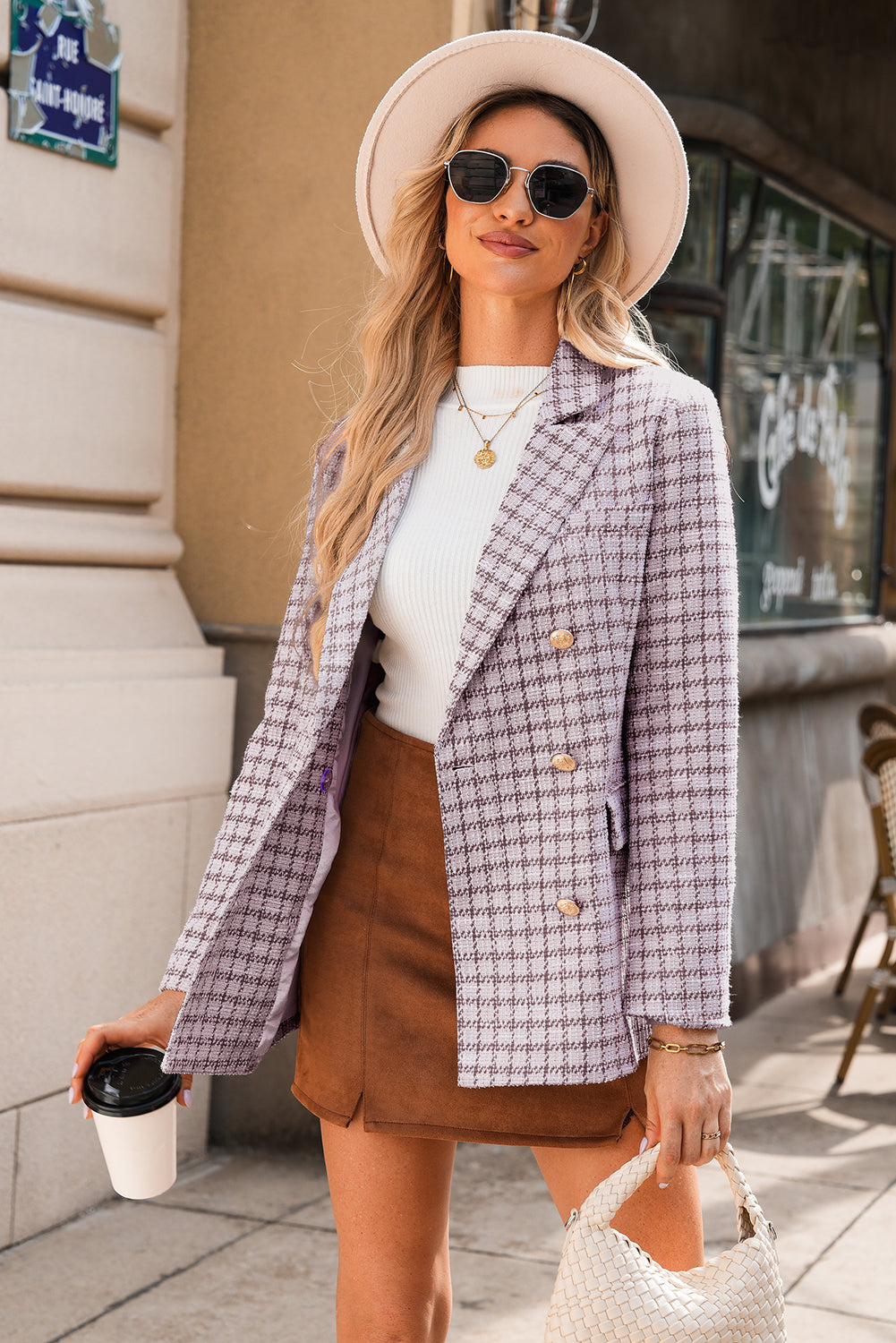 Pink Plaid Tweed Blazer Women’s Double Breasted Gold Button Jacket Chic Office Layer