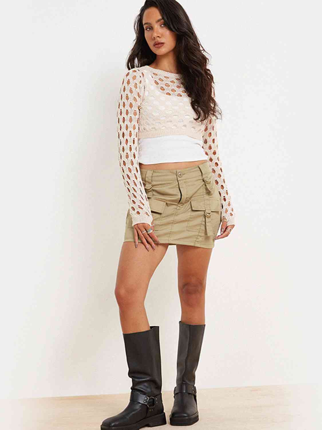 Openwork Long Sleeve Cropped Knit Top Knitwear Womenswear Knitting