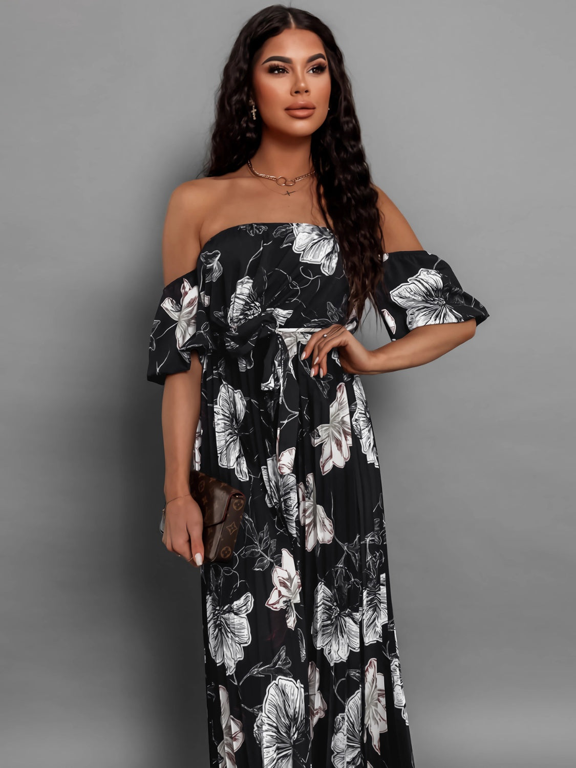 Pleated Floral Off-Shoulder Short Sleeve Midi Dress - Scarlett's Riverside Boutique 