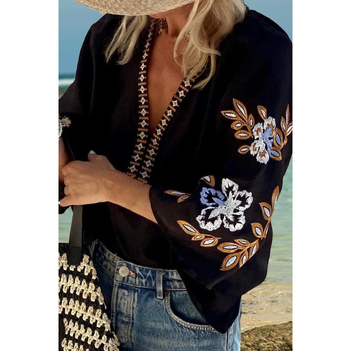 Embroidered V-Neck Three-Quarter Sleeve Blouse Cotton Shirts Top Womenswear