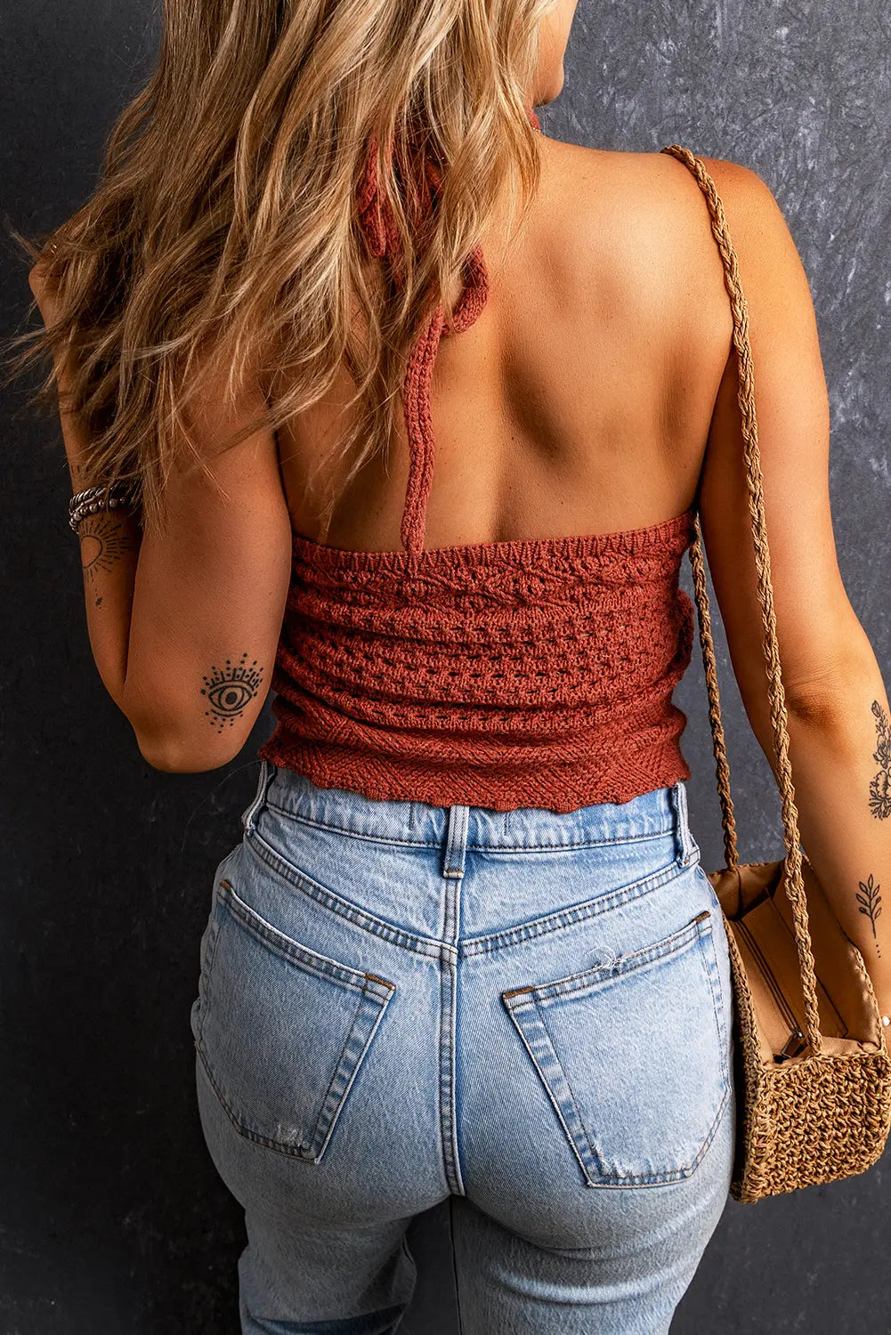 Red Clay Knit Crochet Halter Neck Backless Tank Top - Scarlett's Riverside Boutique 