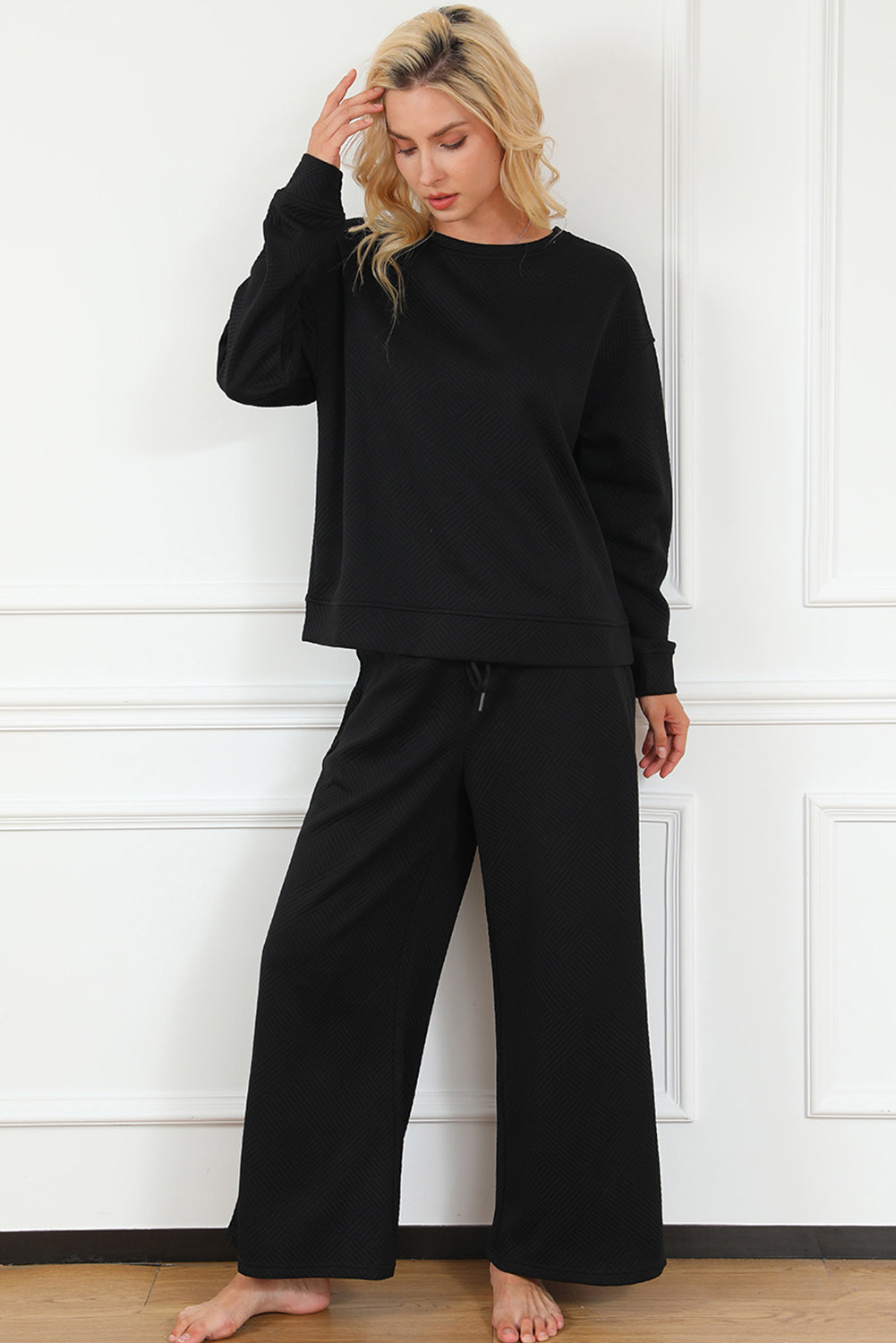 Black Ultra Loose Textured 2pcs Slouchy Outfit - Scarlett's Riverside Boutique 