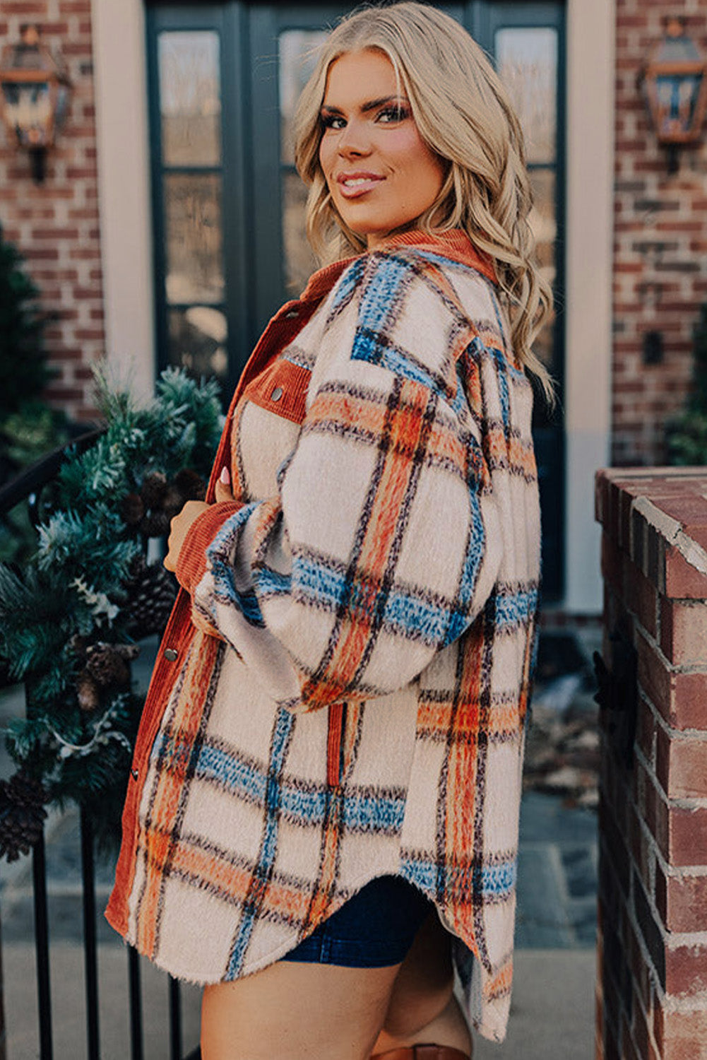 Brown Stripe Plus Size Plaid Print Collared Buttoned Jacket - Scarlett's Riverside Boutique 