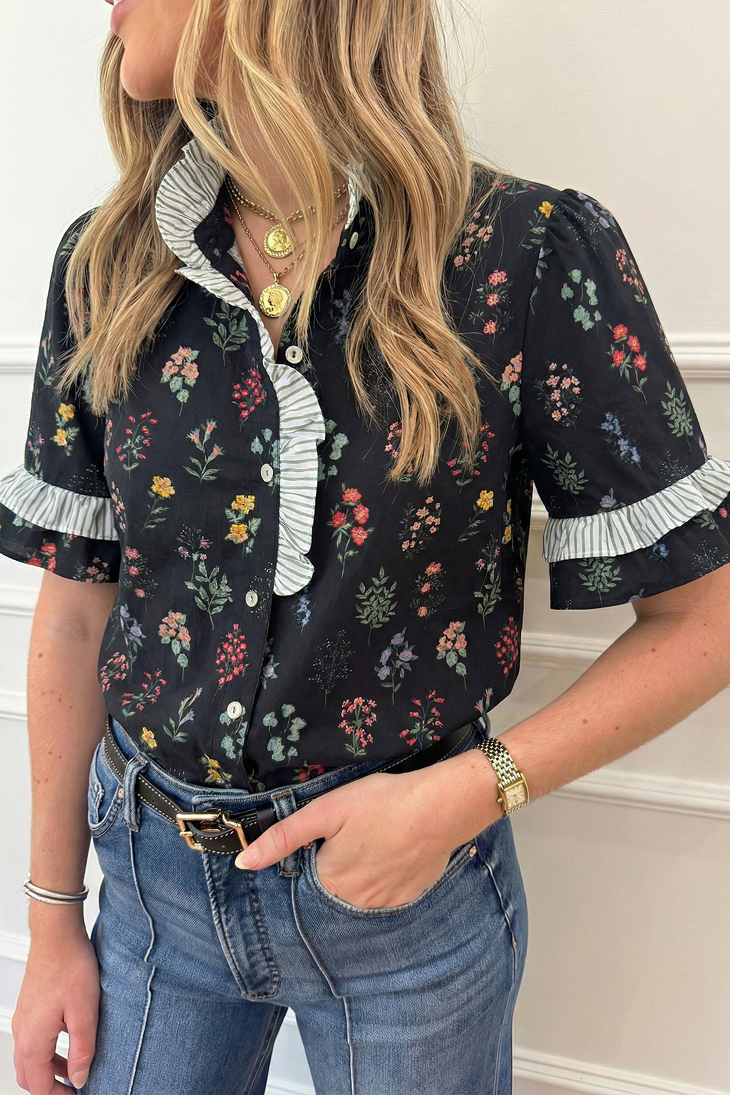 Women’s Black Floral Ruffle Blouse | Button Down Romantic Cottagecore Top with Striped Detail