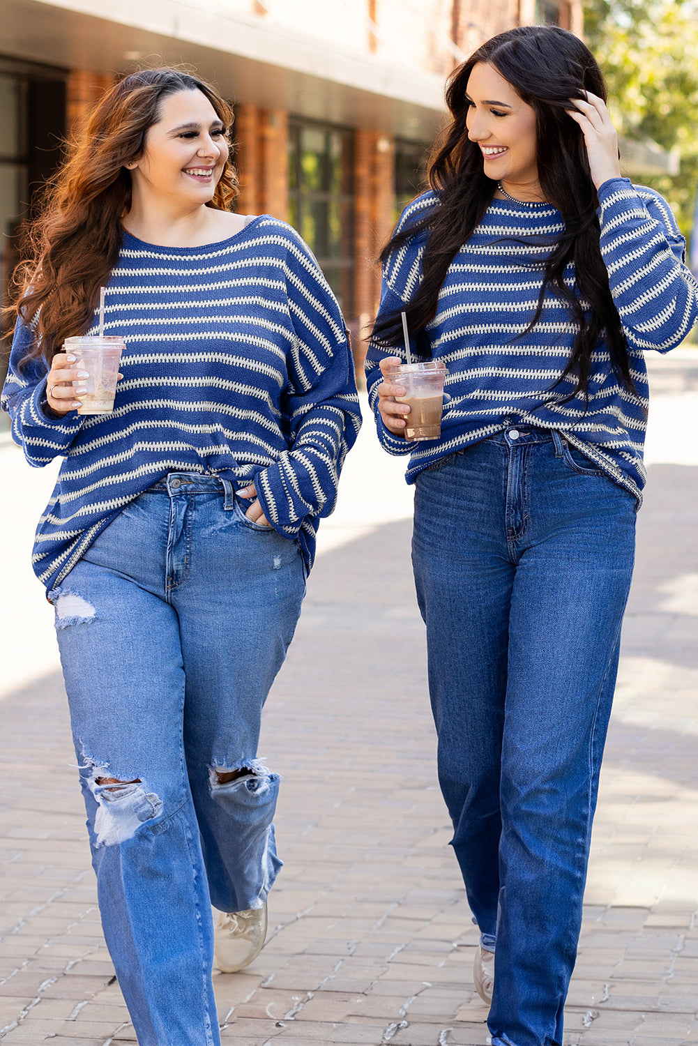 Sky Blue Stripe Drop Shoulder Casual Sweater - Scarlett's Riverside Boutique 