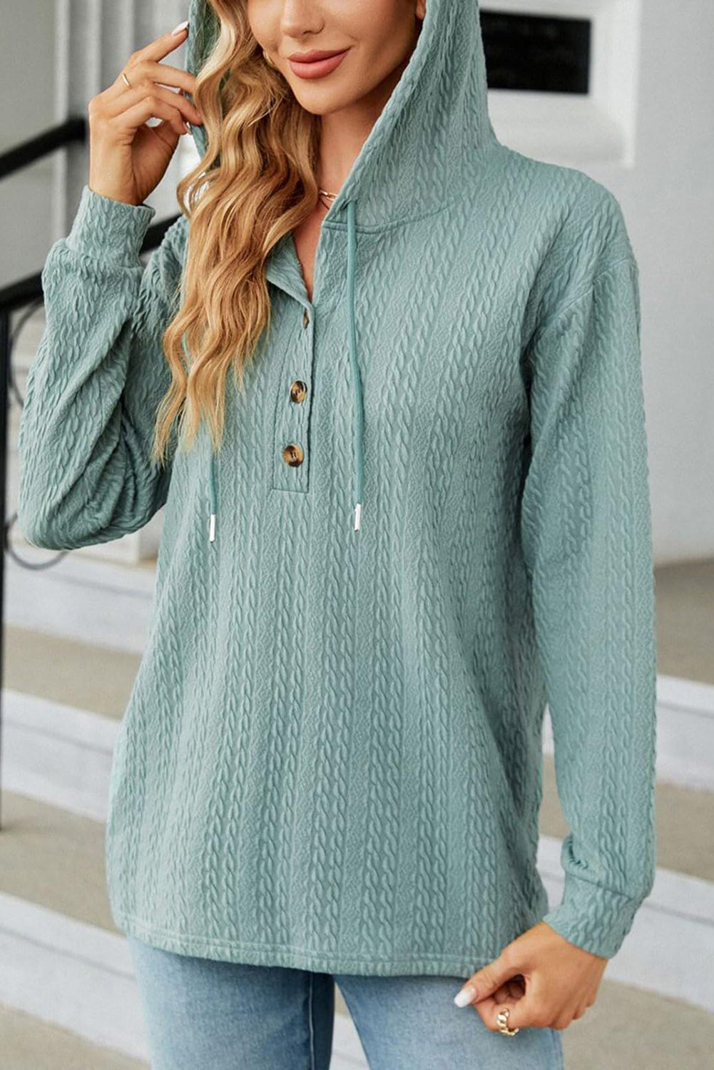 Mint Green Button Front Textured Drawstring Hooded Long Sleeve Top - Scarlett's Riverside Boutique 