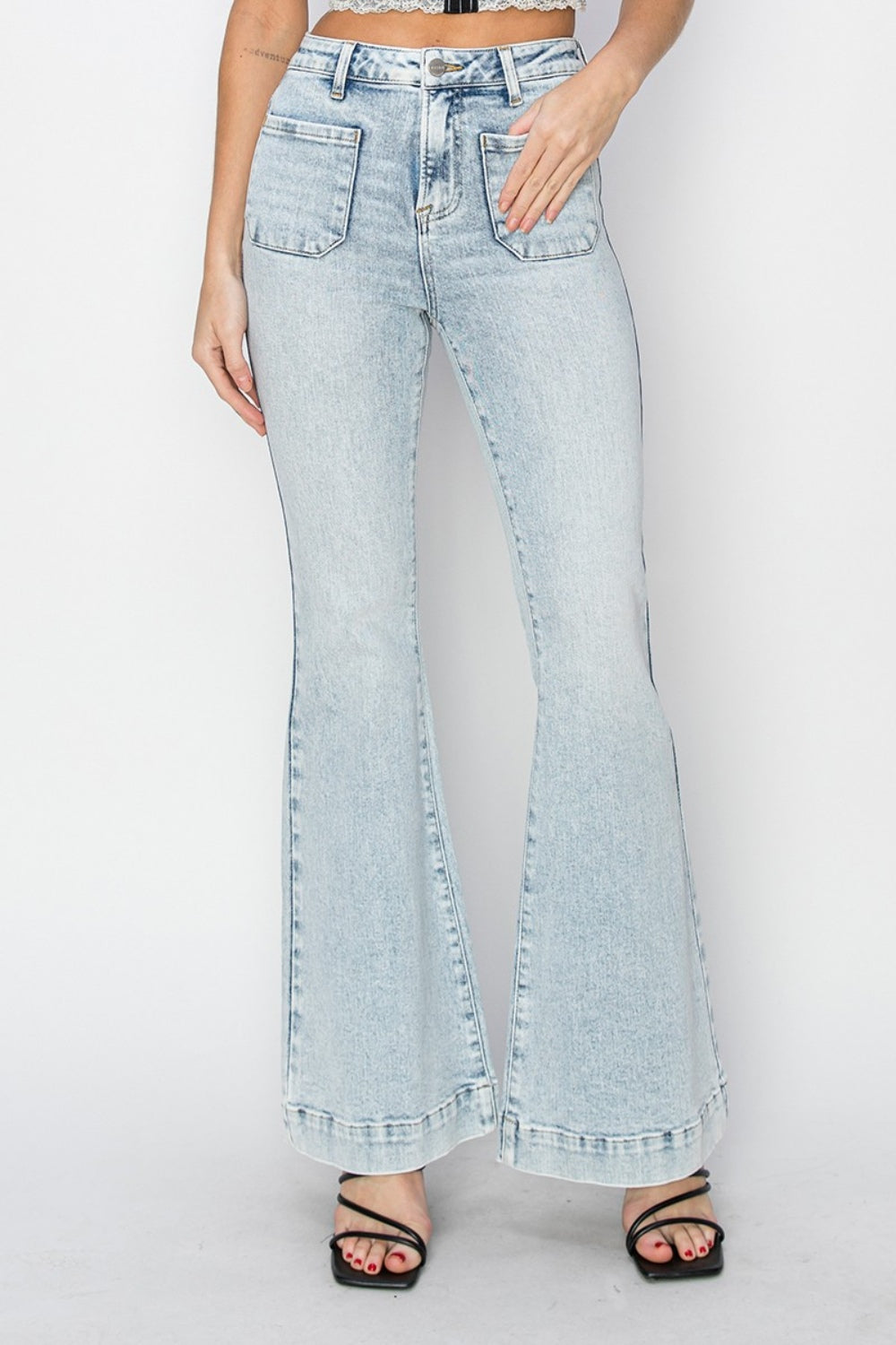 Risen Full Size High Rise Front Patch Pocket Flare Jeans - Scarlett's Riverside Boutique 