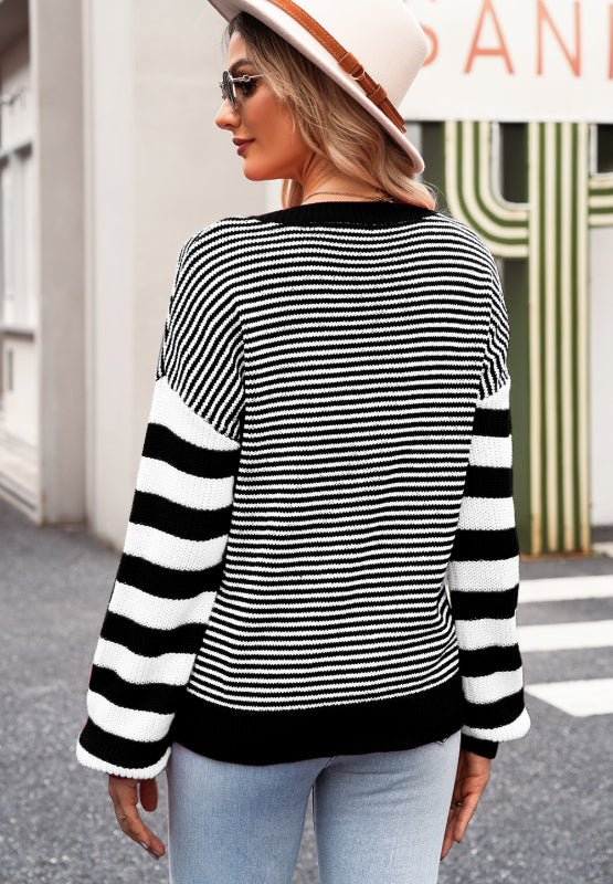 Striped Round Neck Dropped Shoulder Sweater - Scarlett's Riverside Boutique 