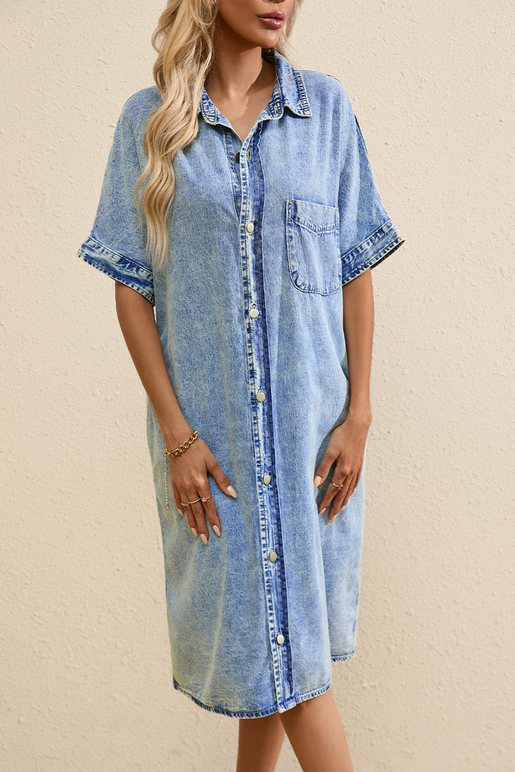 Light Blue Loose Medium Wash Short Sleeve Shirt Chambray Dress - Scarlett's Riverside Boutique 