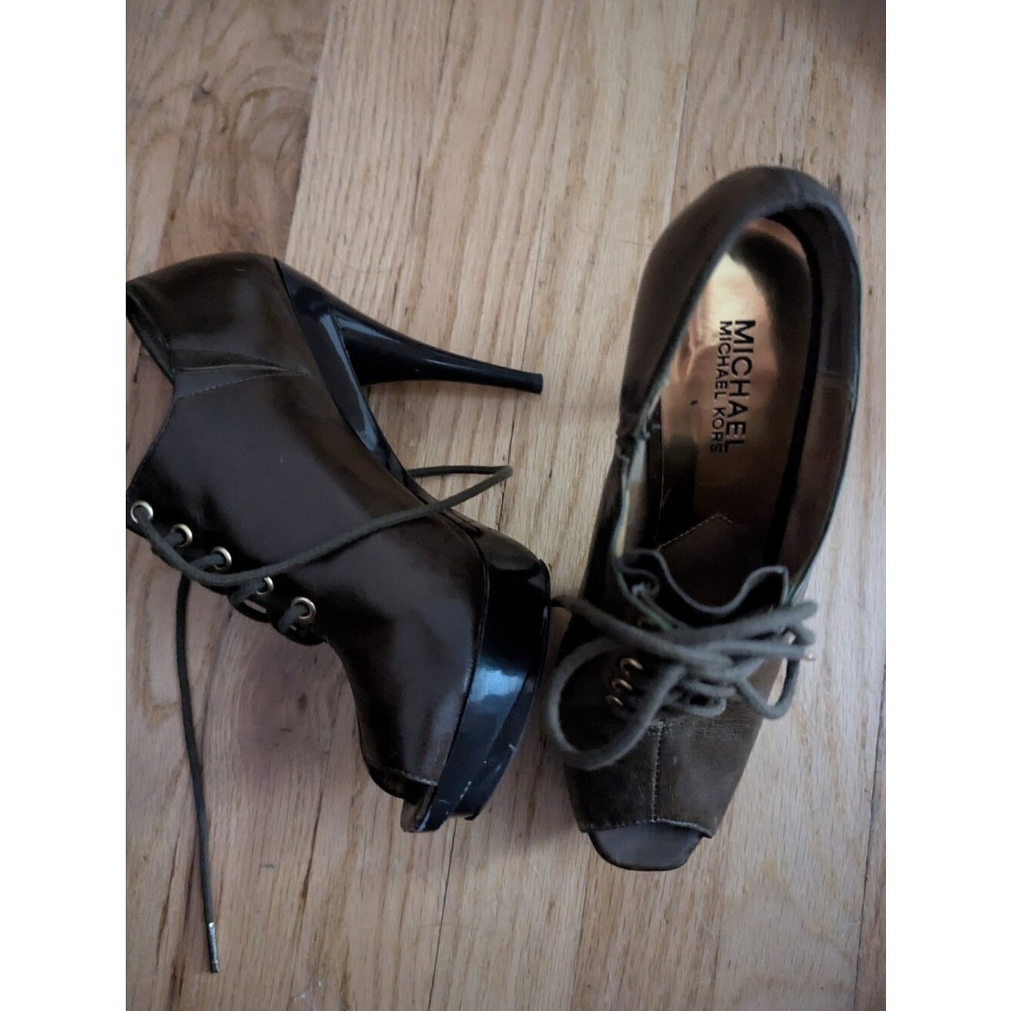 Michael Kors Brown/Olive Leather Peep Toe Lace Up Platform Stiletto Booties Heel