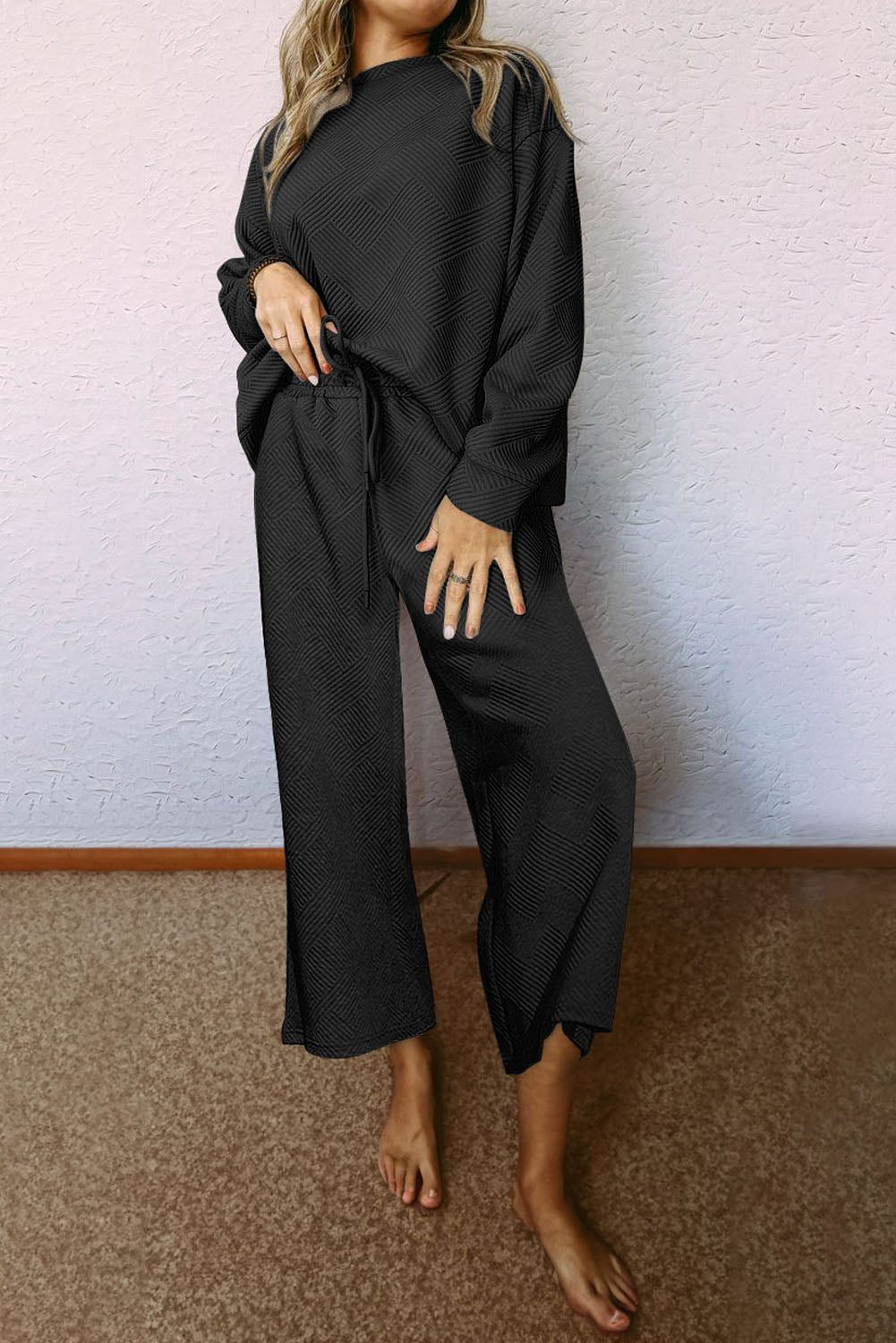 Black Ultra Loose Textured 2pcs Slouchy Outfit - Scarlett's Riverside Boutique 