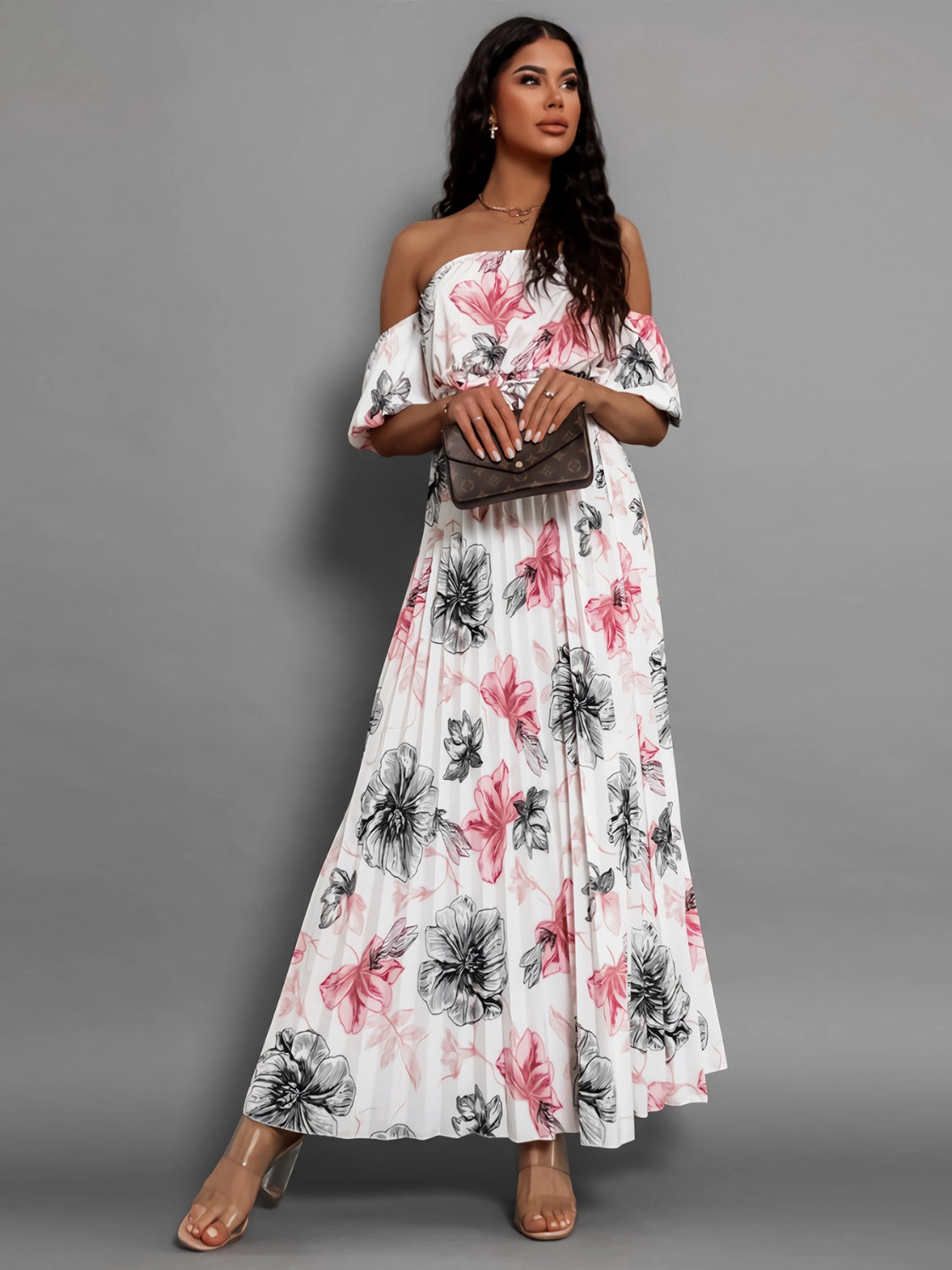 Pleated Floral Off-Shoulder Short Sleeve Midi Dress - Scarlett's Riverside Boutique 