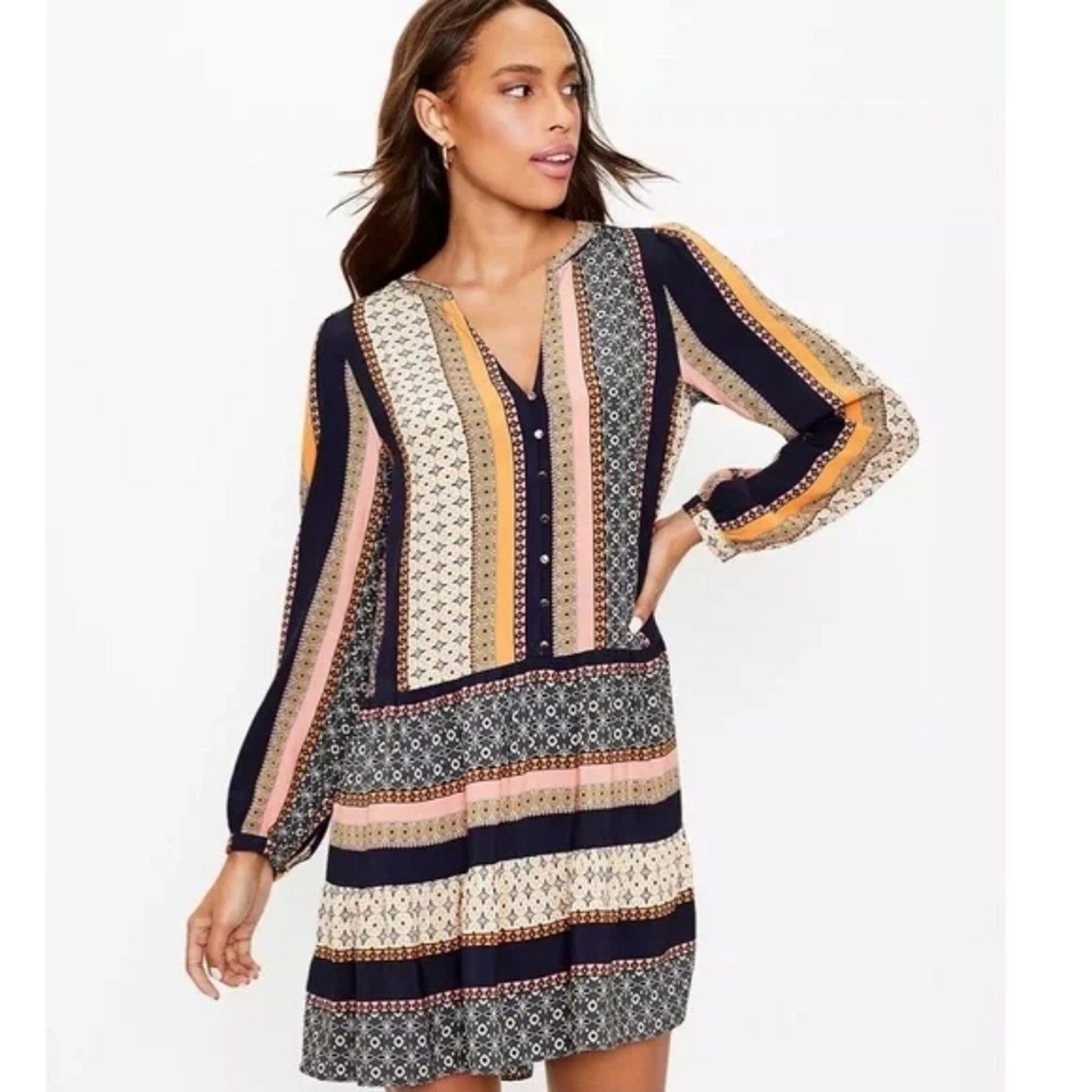 LOFT Petite Large Boho Mixed Print Dress Long Sleeve V-Neck Button Front #H3