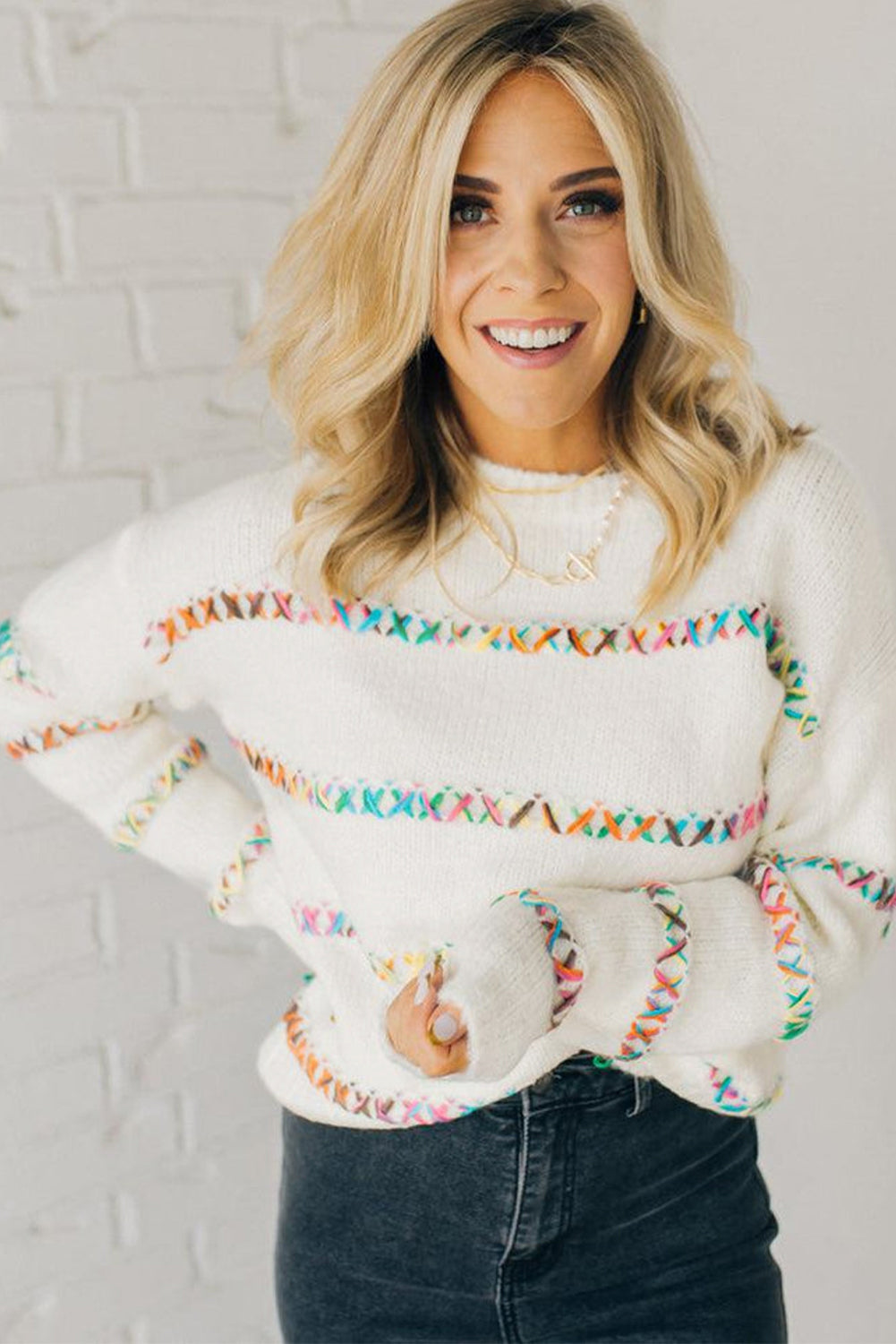 White Colorful Crossed Stitch Drop Shoulder Sweater - Scarlett's Riverside Boutique 