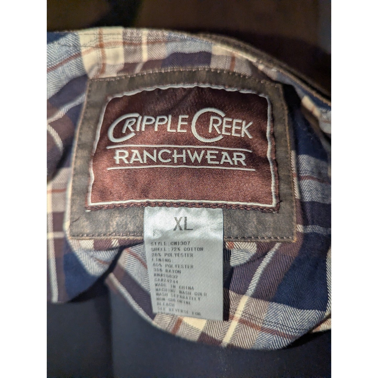 Cripple Creek L Large Faux Leather Snap Vest Flannel Lined Brown Western